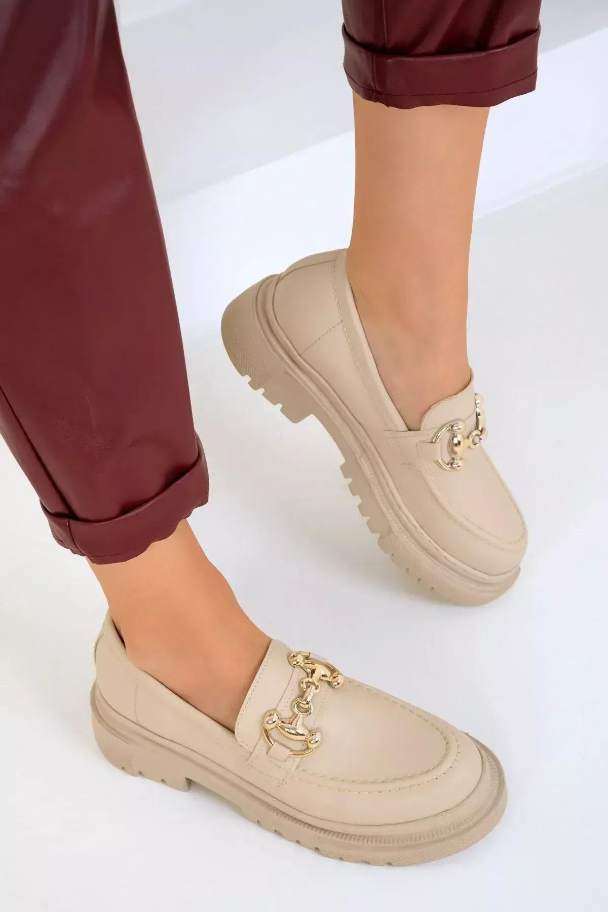 Beige Chain Detailed Loafers, Beige, large image number 1