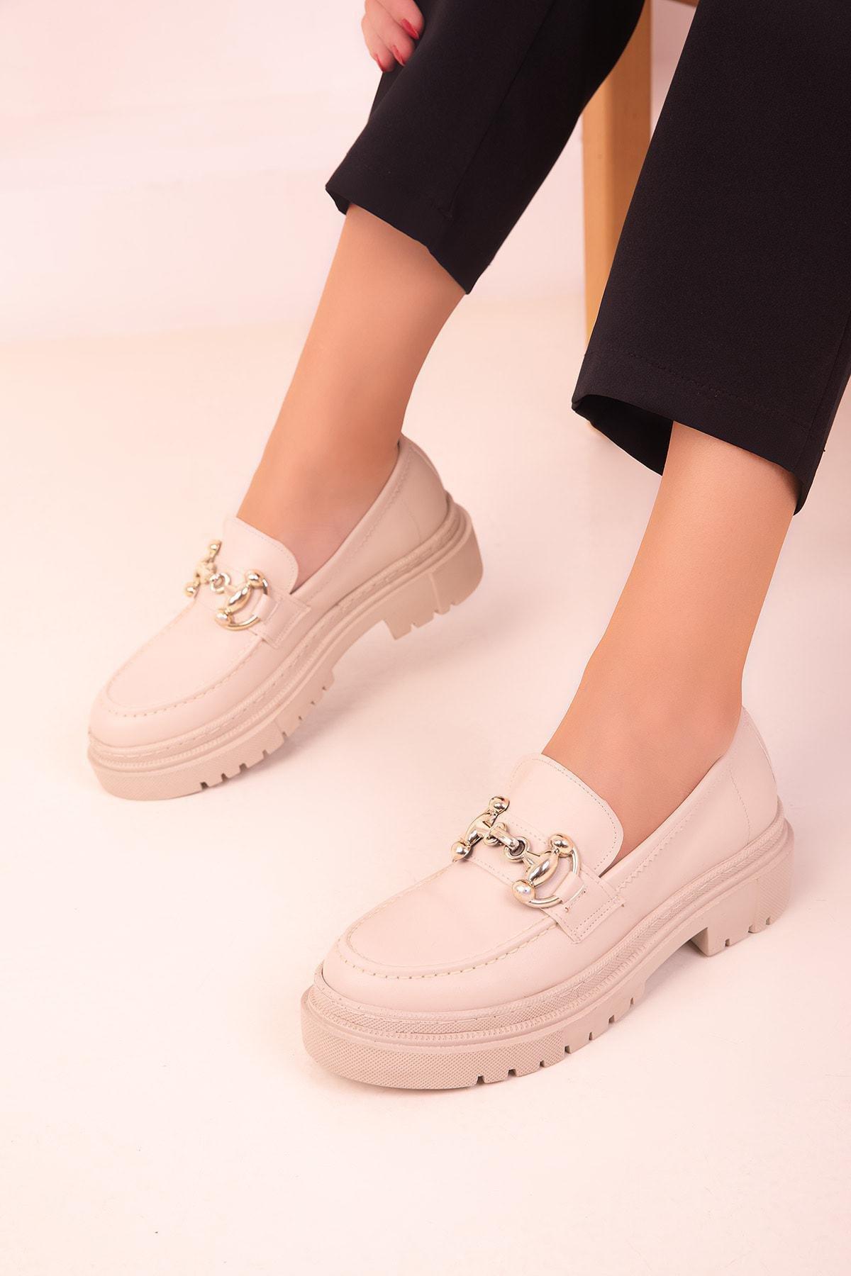 Beige Chain Detailed Loafers, , large image number 3