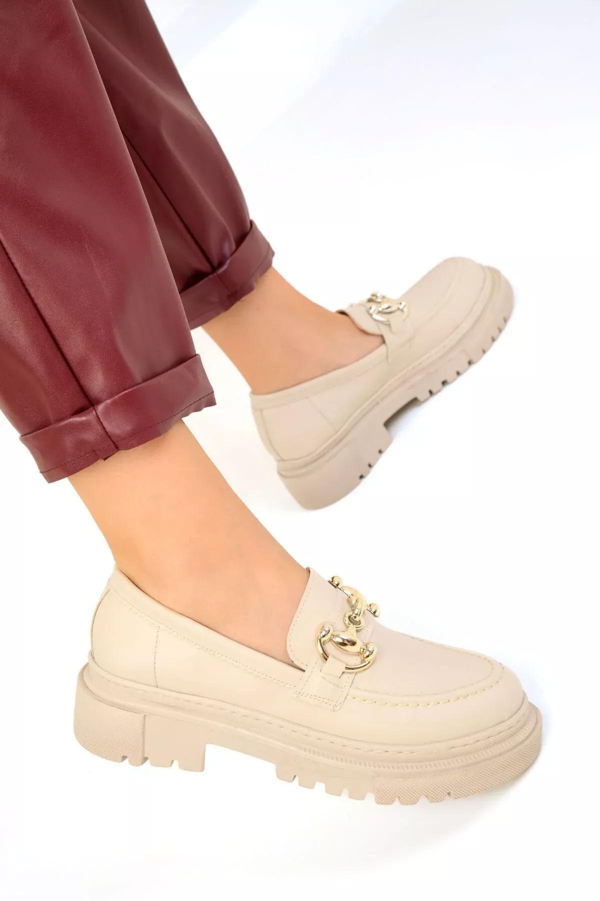 Beige Chain Detailed Loafers, Beige, large image number 3