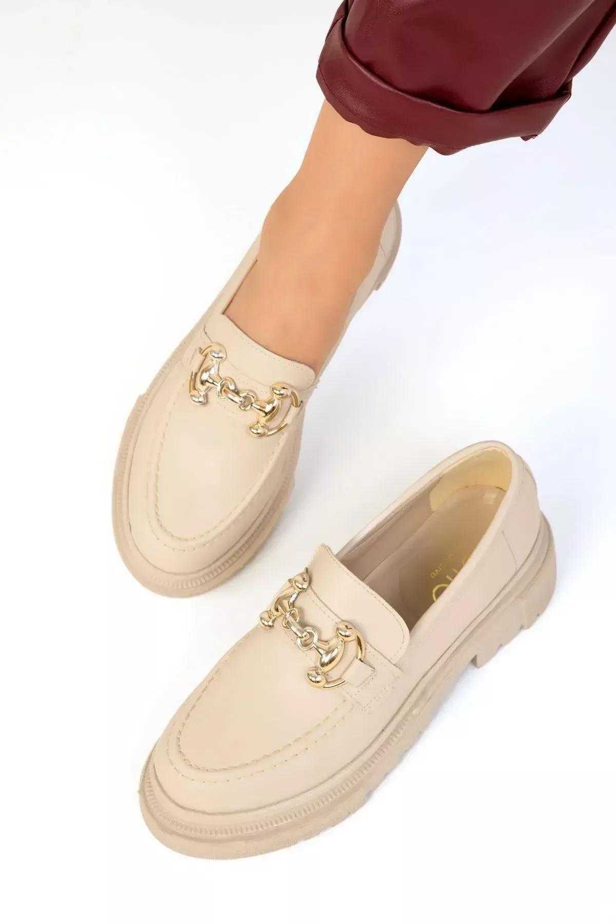 Beige Chain Detailed Loafers, , large image number 4