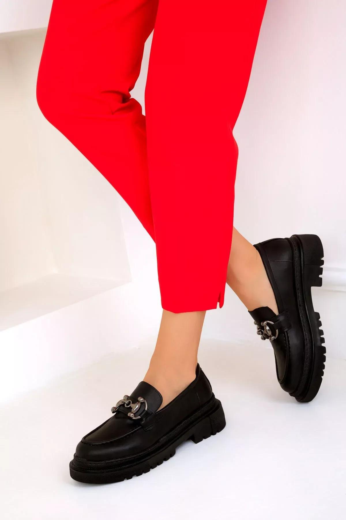 Black Chain Detailed Loafers, , large image number 0