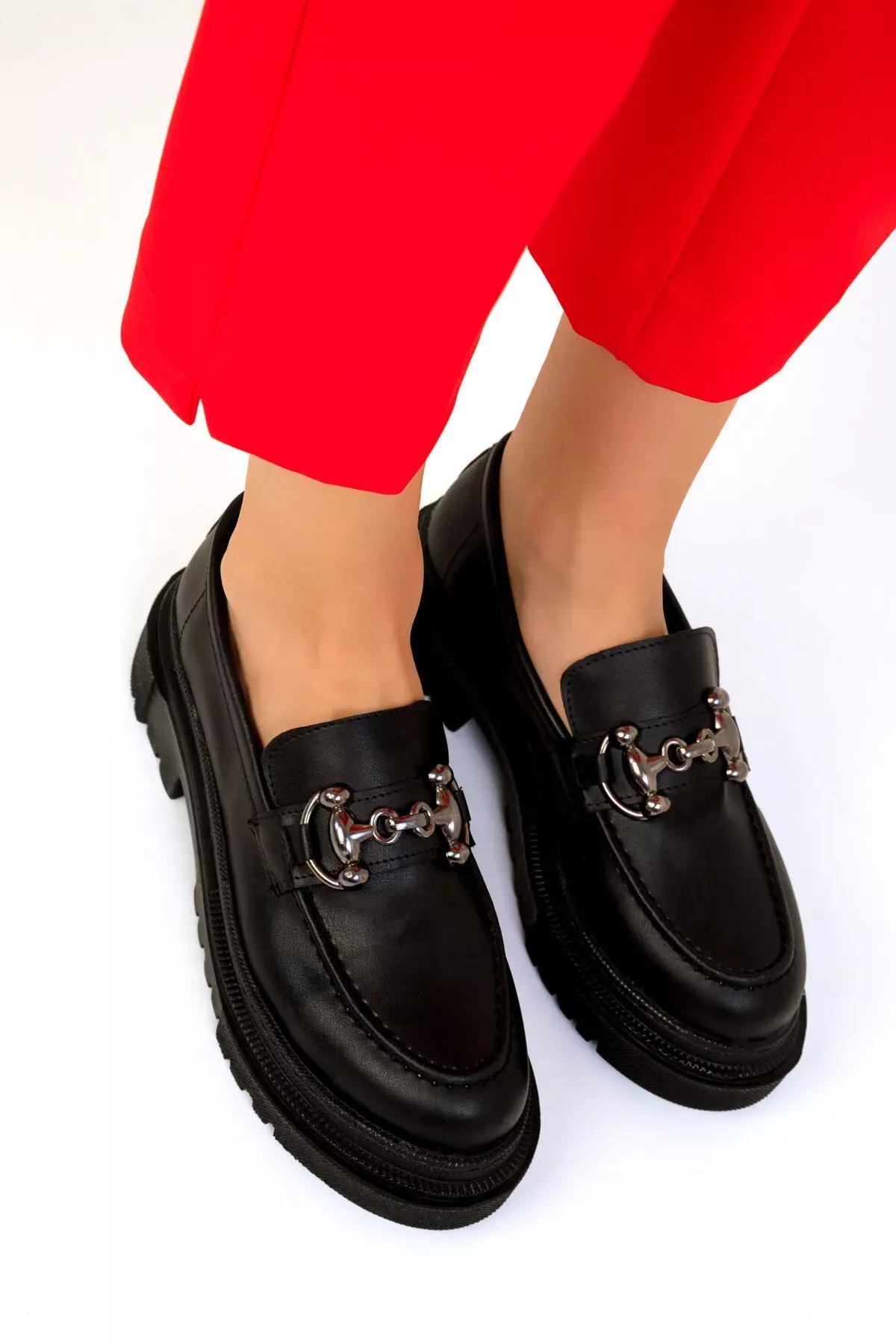 Black Chain Detailed Loafers, , large image number 1