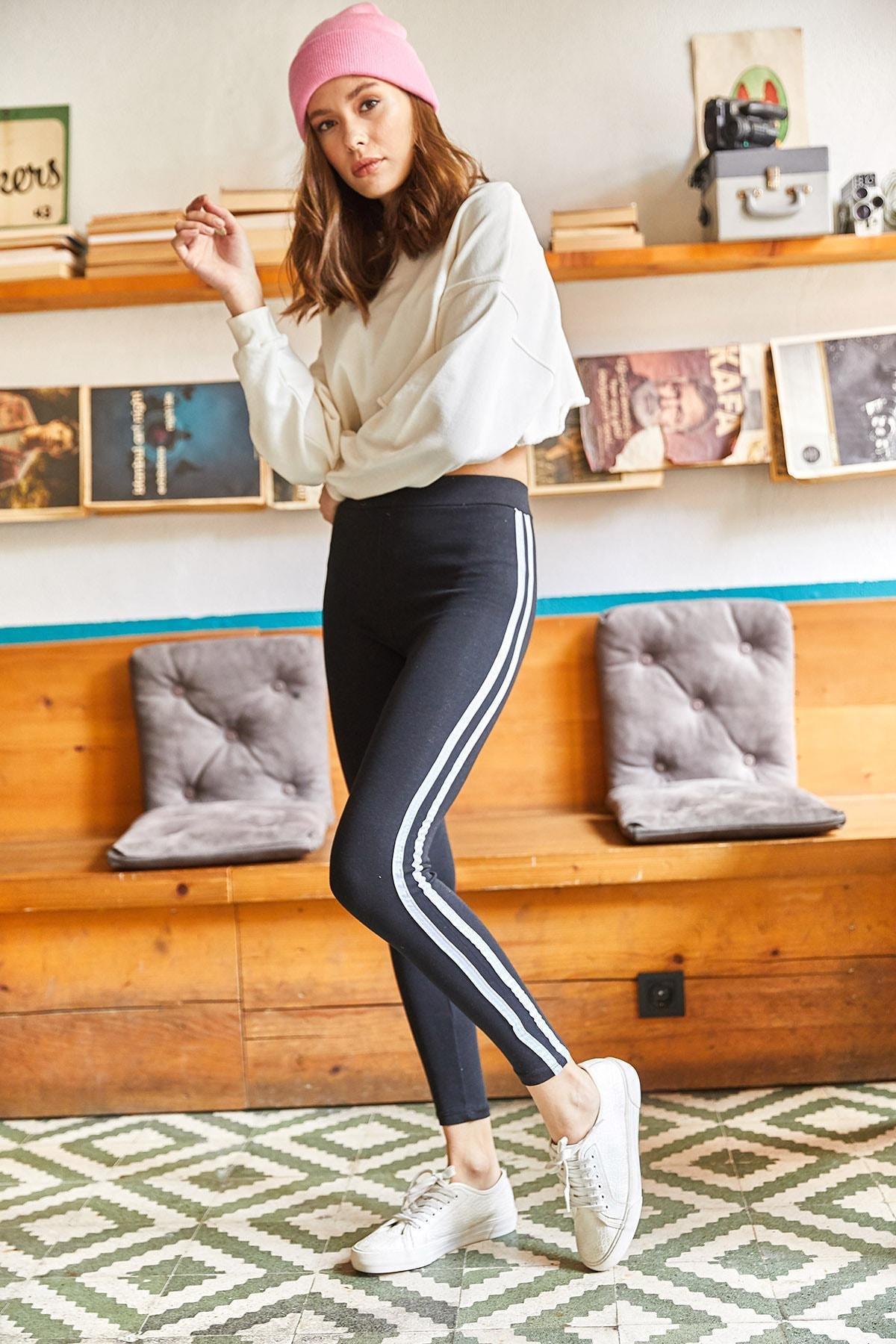 Multicolour Striped Fleece Leggings, BLACK WHITE, large image number 2