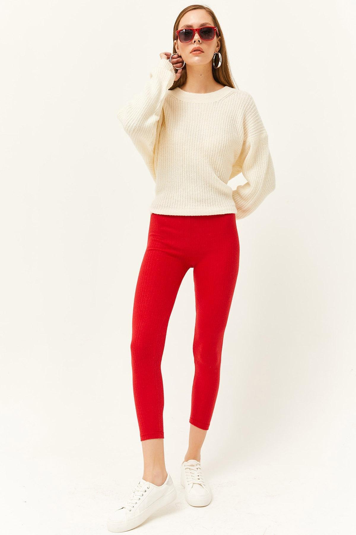 Red Thick Ribbed Raised Leggings, , large image number 0