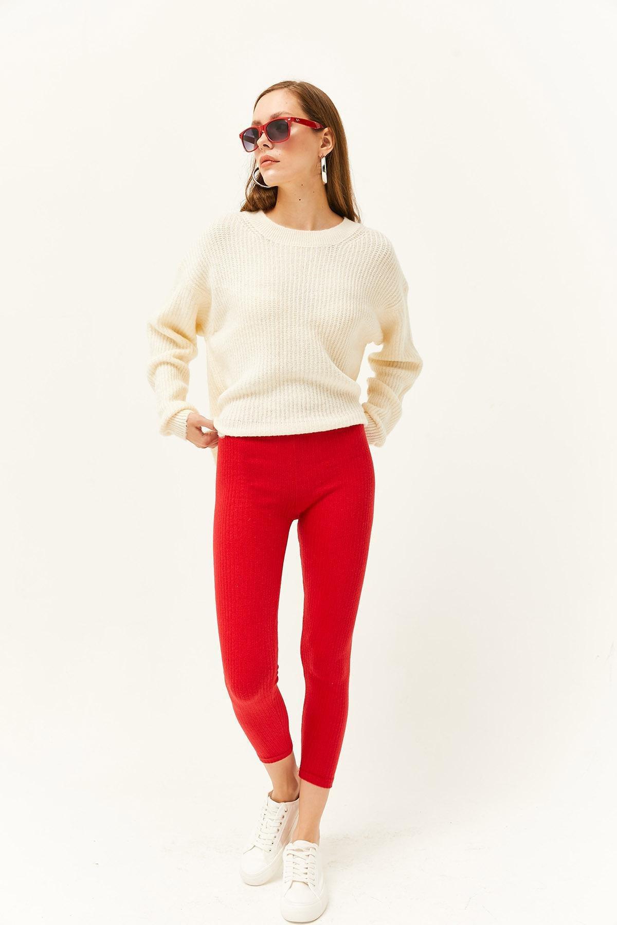 Red Thick Ribbed Raised Leggings, , large image number 1