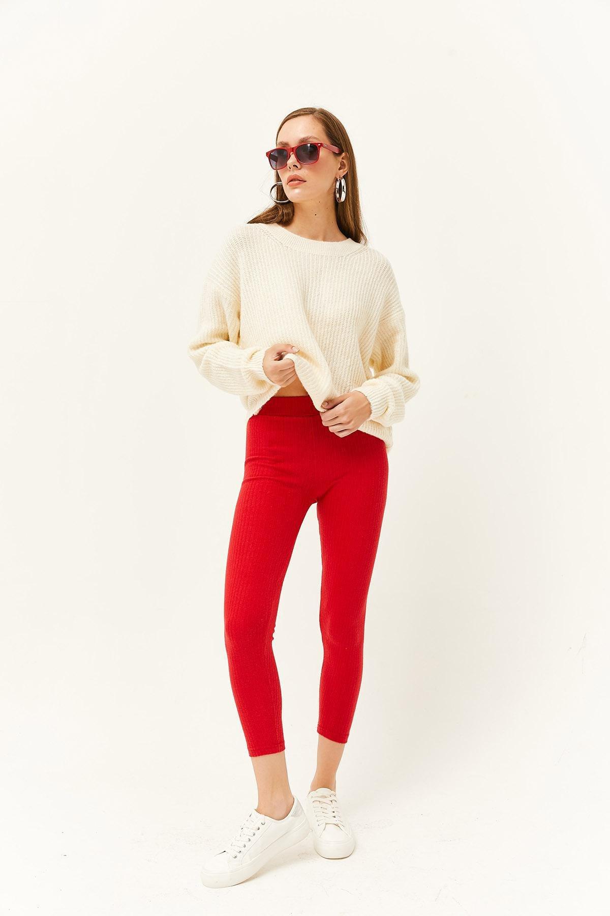 Red Thick Ribbed Raised Leggings, , large image number 2