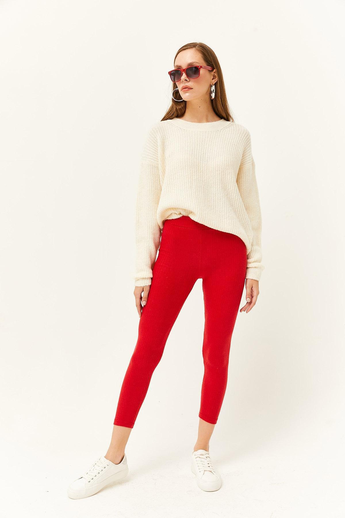 Red Thick Ribbed Raised Leggings, , large image number 3