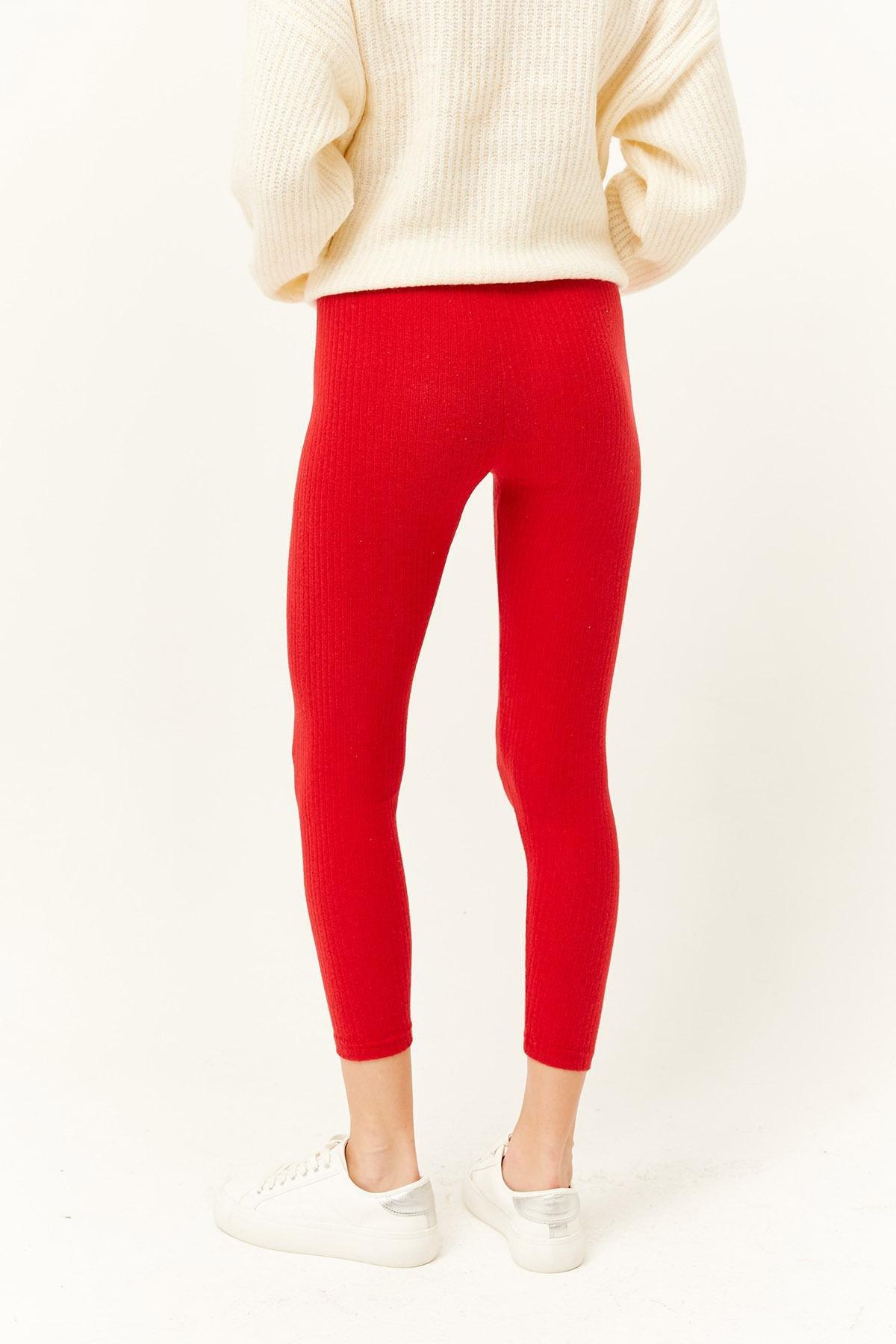 Red Thick Ribbed Raised Leggings, , large image number 4