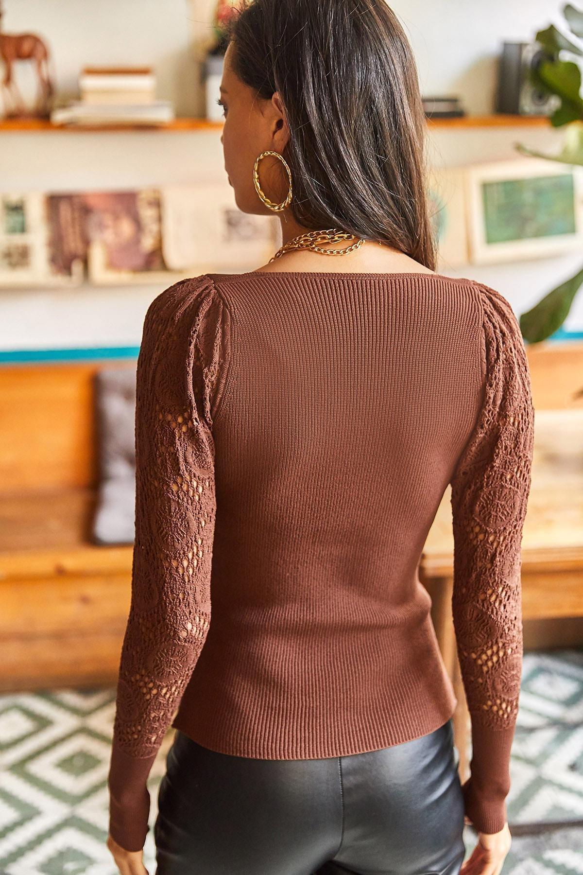 Brown Kisses Collar Sleeves Openwork Knitwear Blouse, BITTER COFFEE, large image number 4