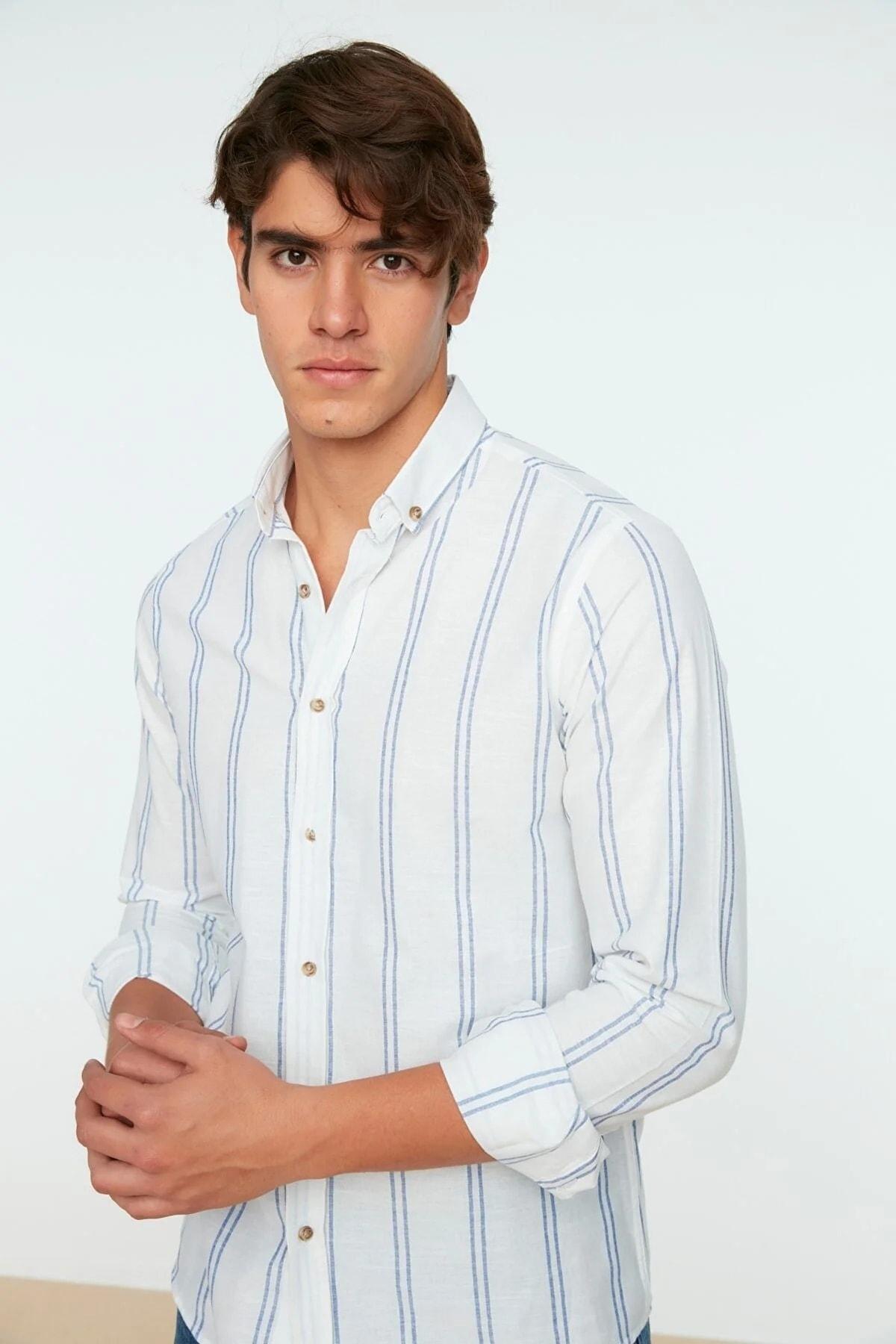 White Striped Slim Shirt, White, medium