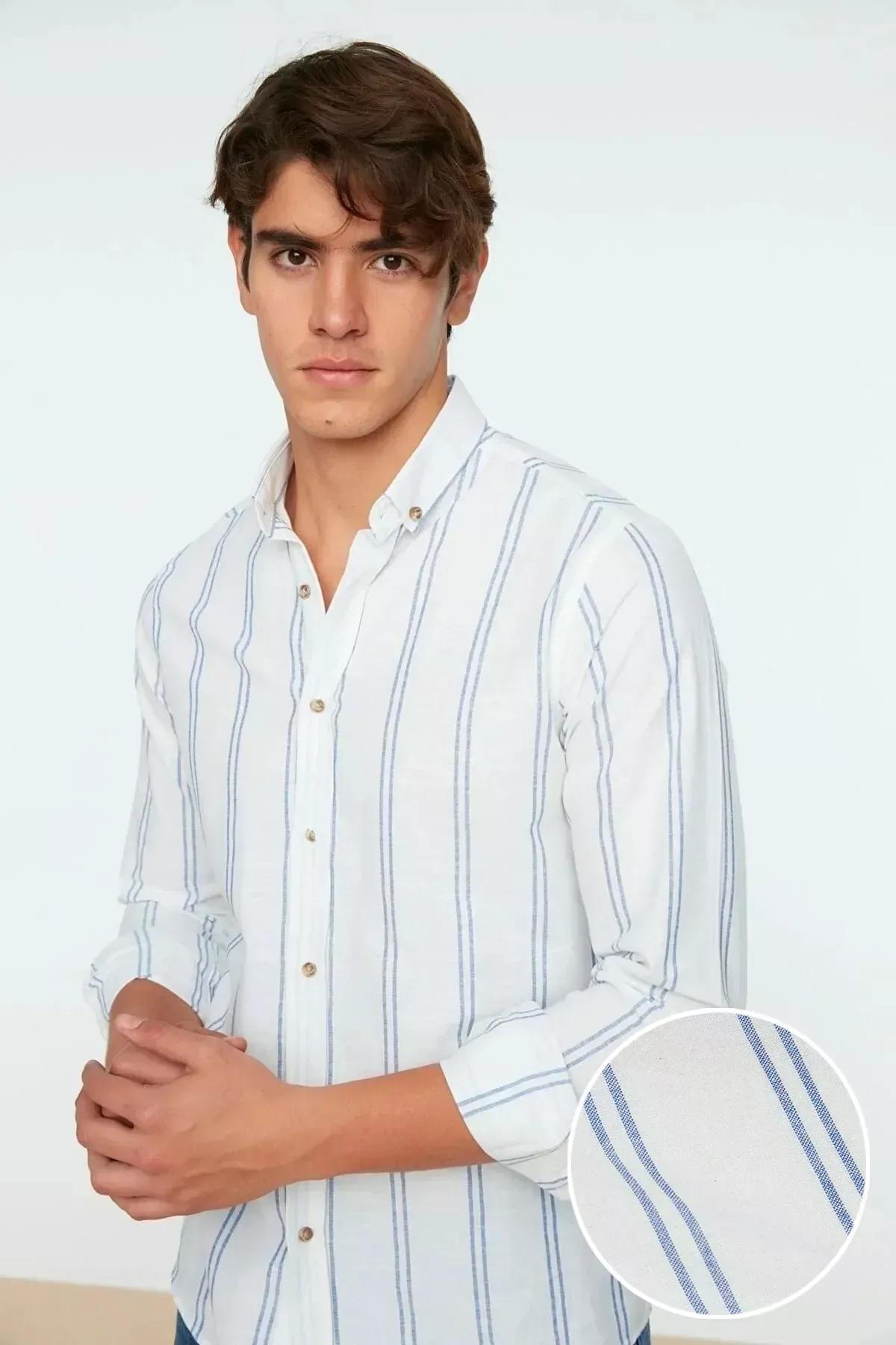 White Striped Slim Shirt, White, medium