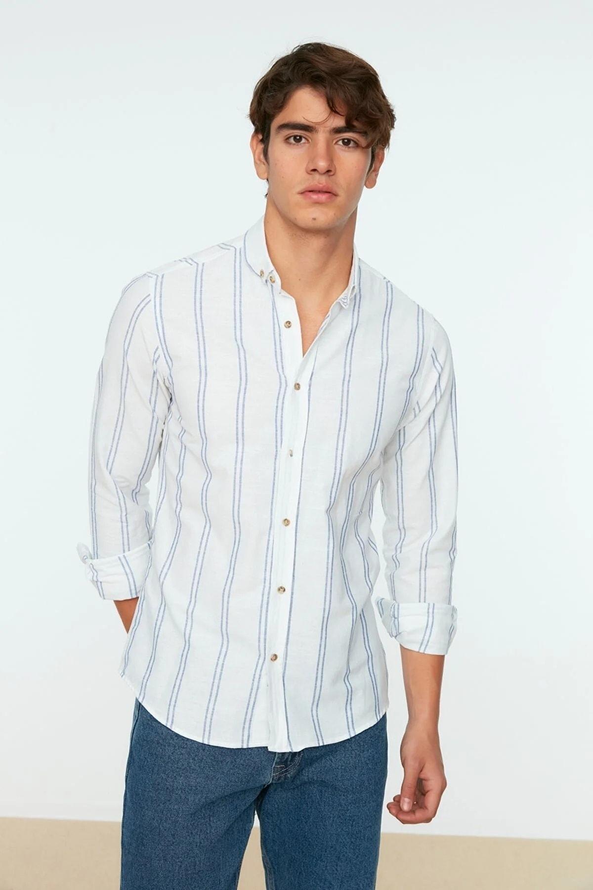 White Striped Slim Shirt, White, medium