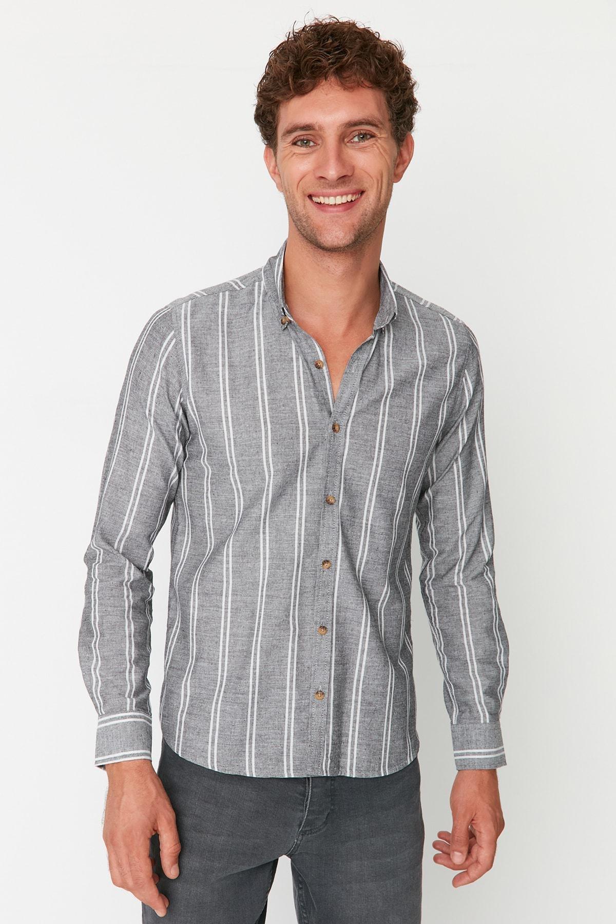 Black Slim Striped Shirt, , large image number 0