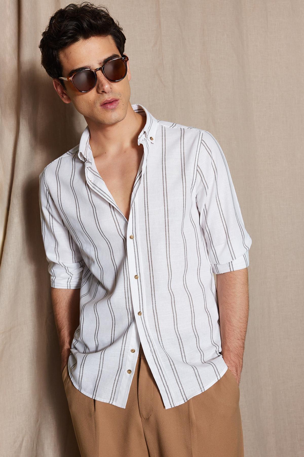 White Striped Slim Shirt, Green, large image number 5