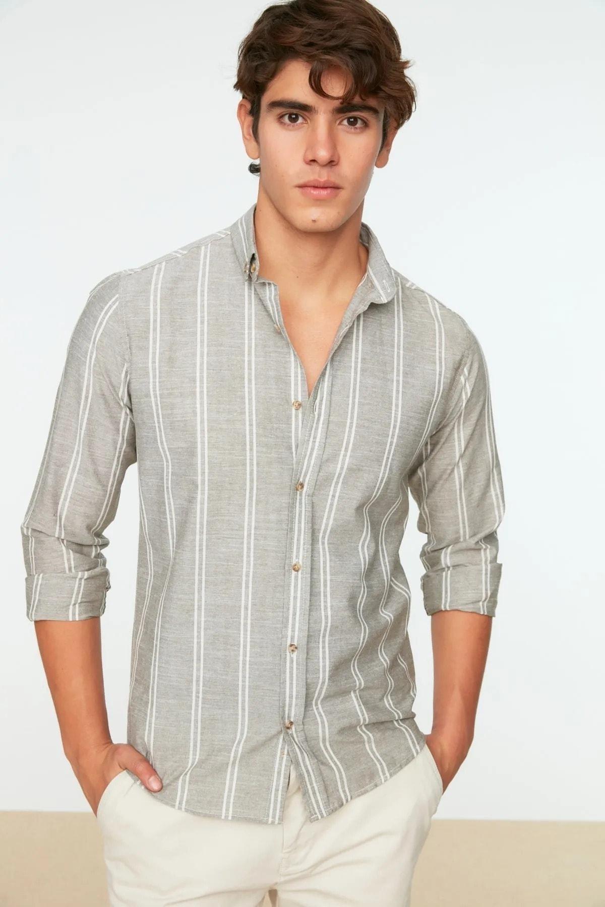 Khaki Slim Cotton Shirt, , large image number 0