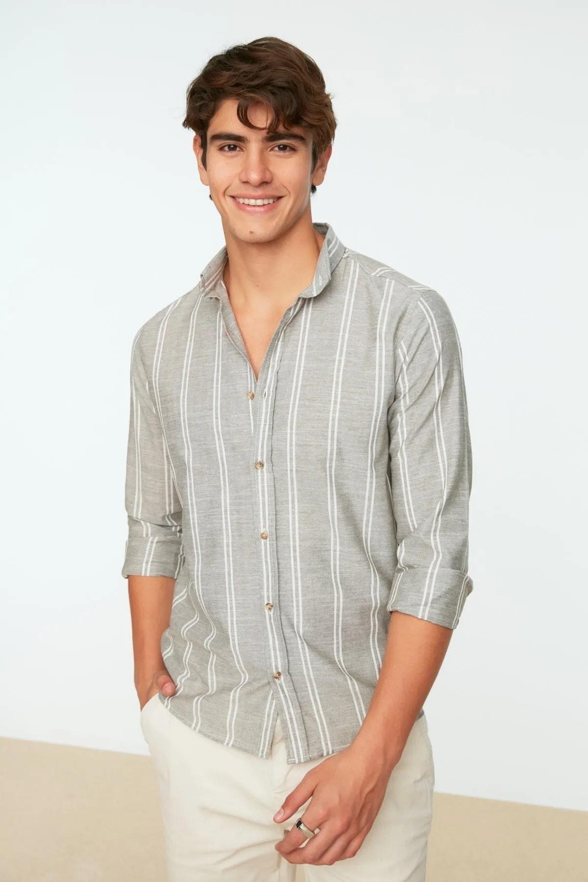 Khaki Slim Cotton Shirt, , large image number 1