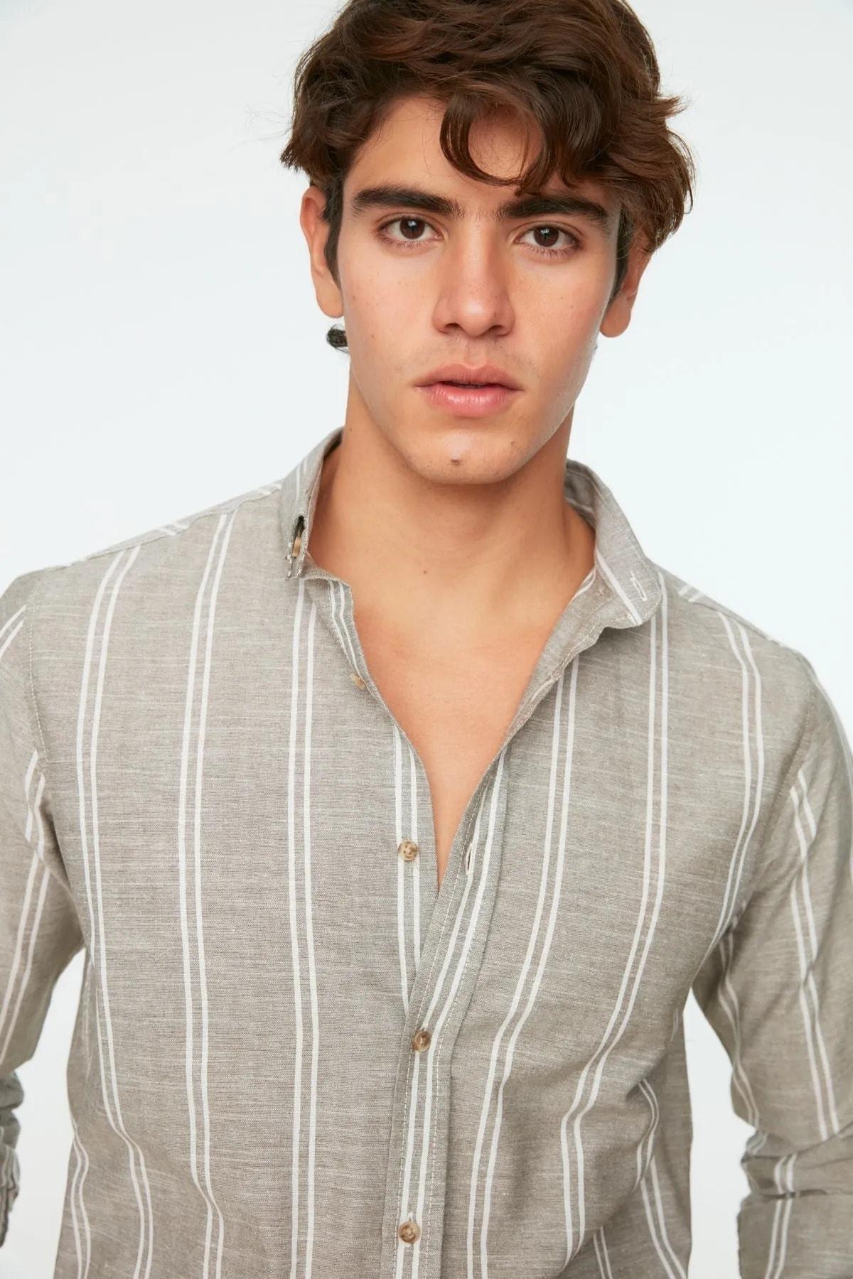 Khaki Slim Cotton Shirt, , large image number 2