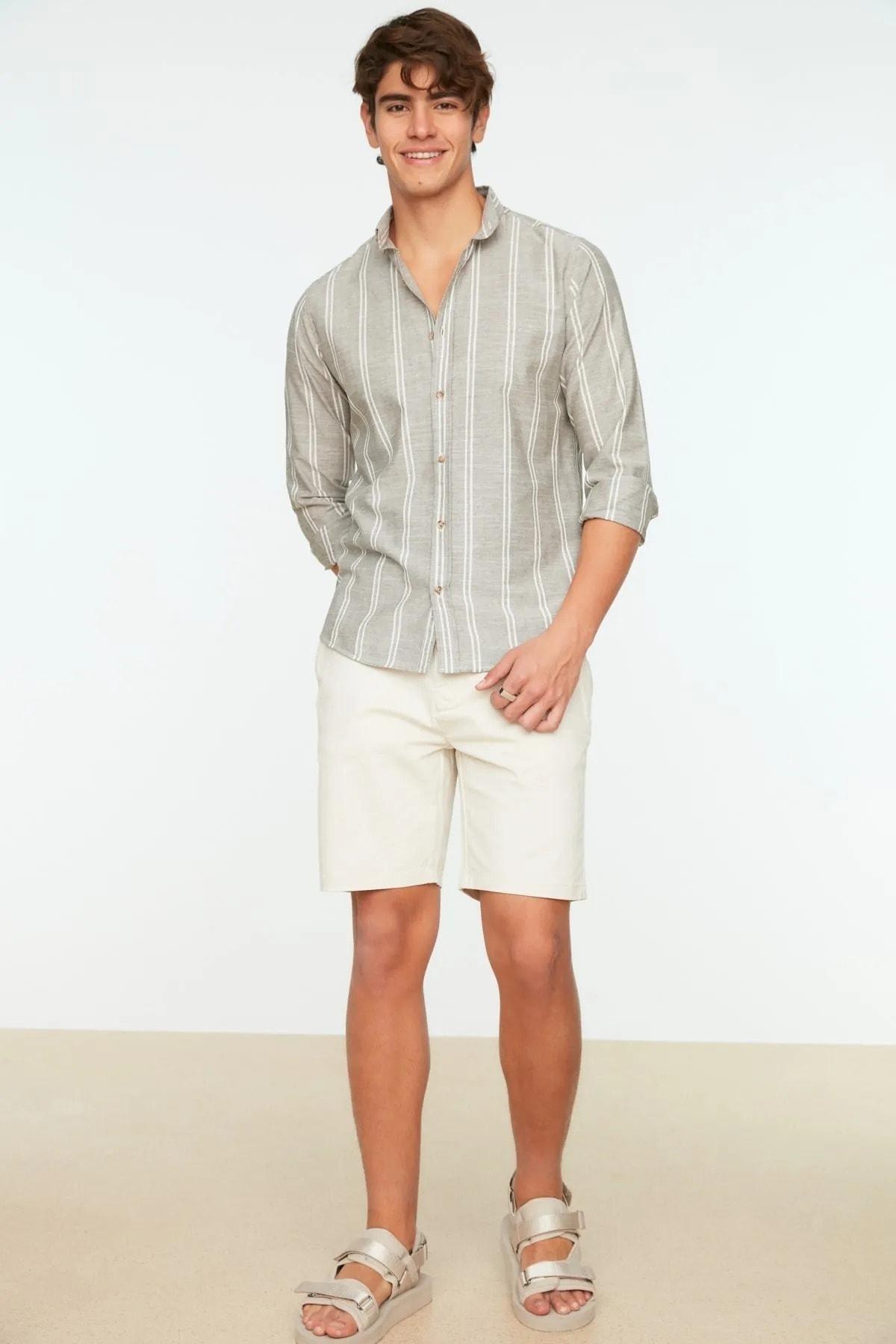 Khaki Slim Cotton Shirt, , large image number 3