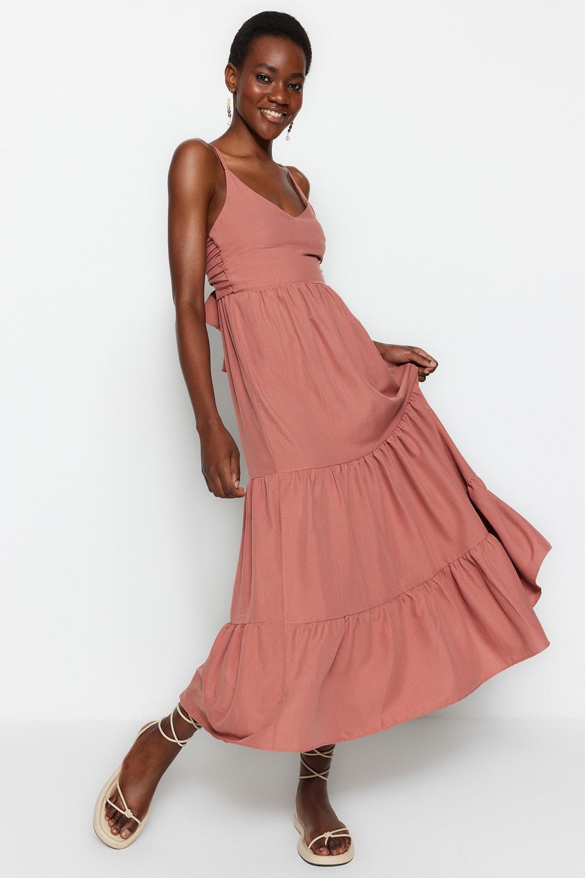 Pink Back Tie Detailed Woven Dress, , large image number 0
