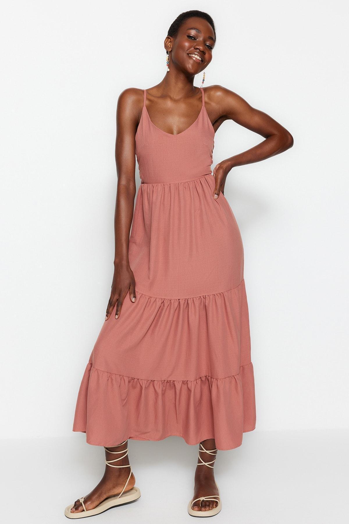 Pink Back Tie Detailed Woven Dress, , large image number 3