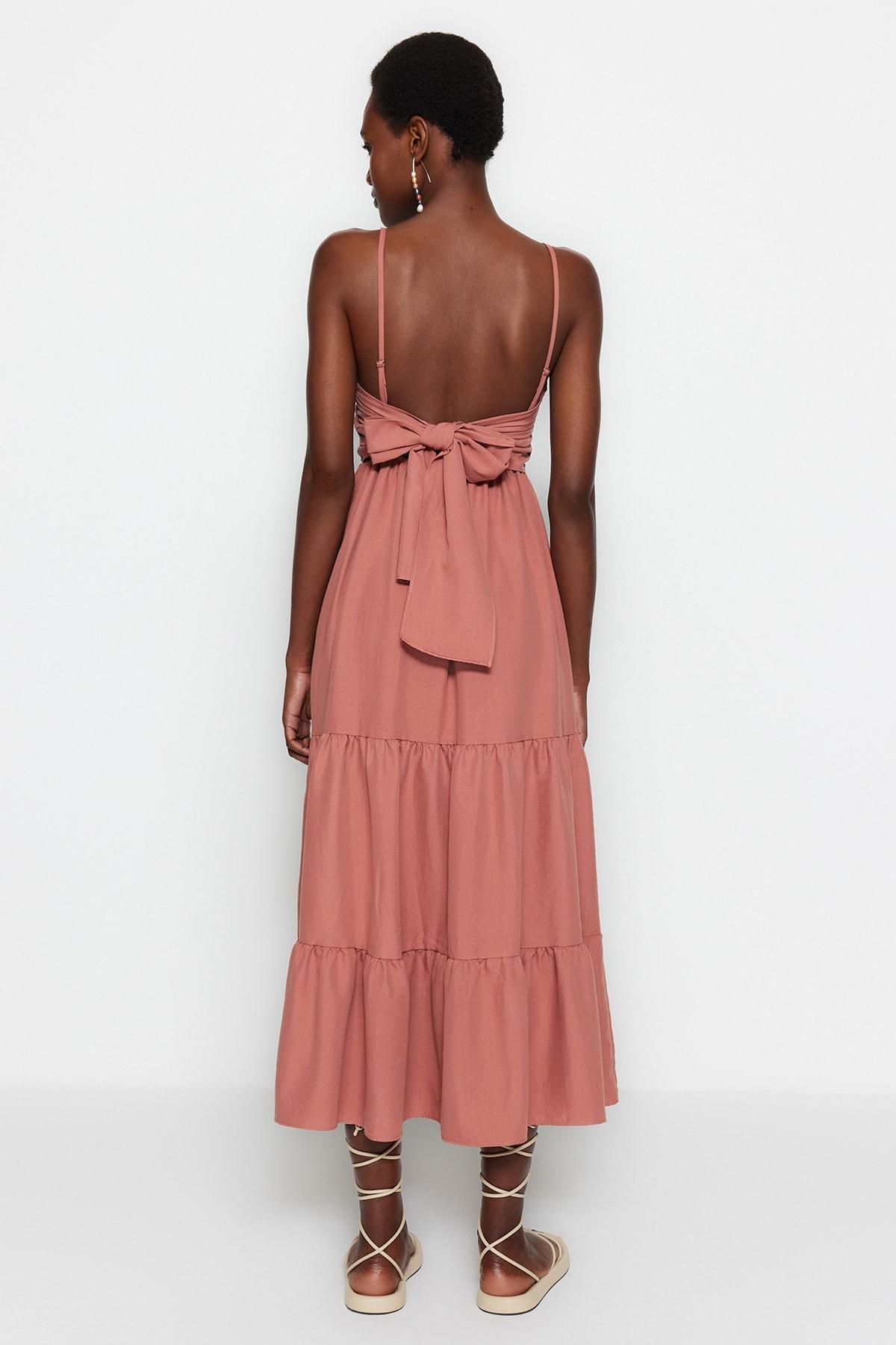 Pink Back Tie Detailed Woven Dress, , large image number 4