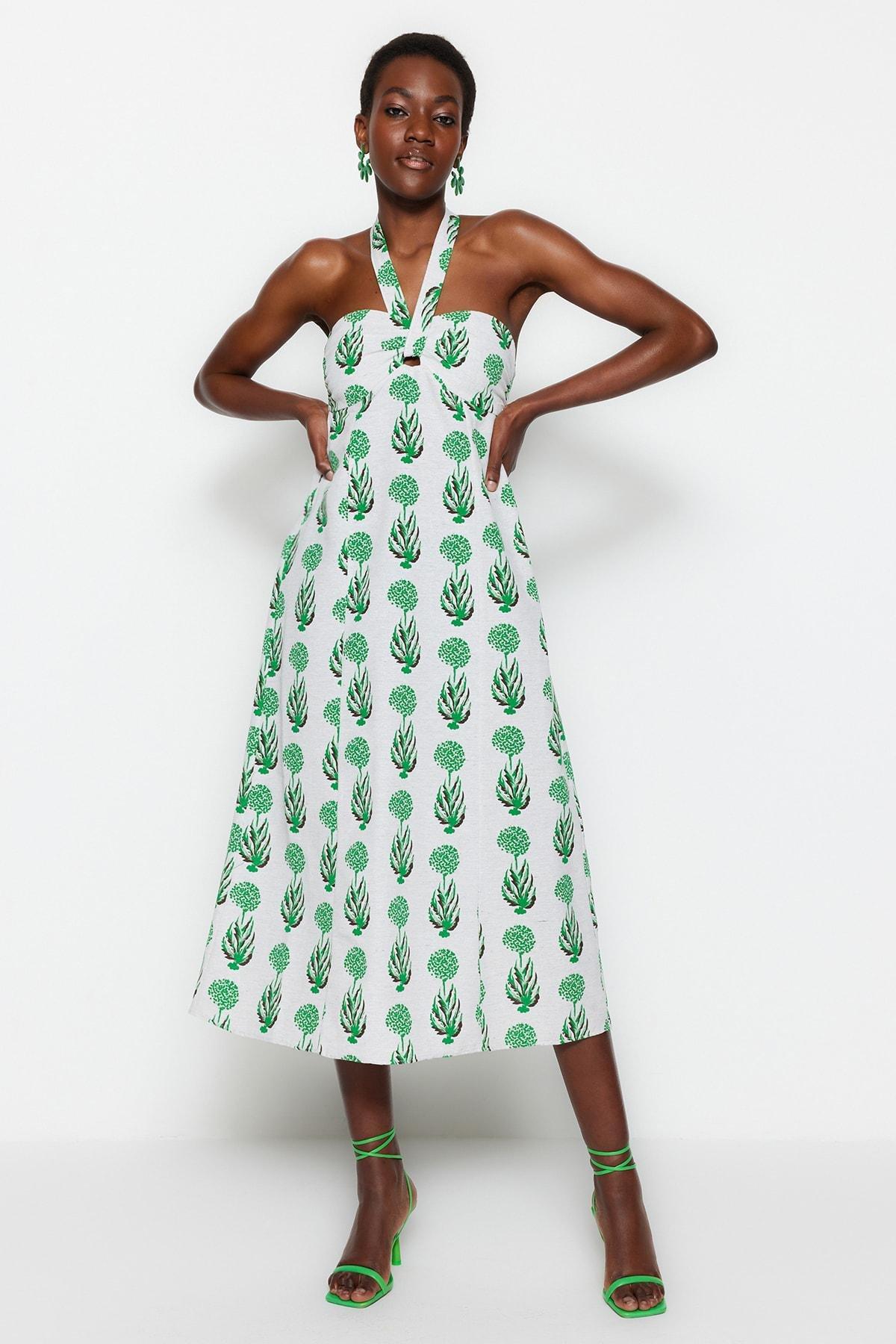 Green Floral Skater Dress, Green, large image number 0