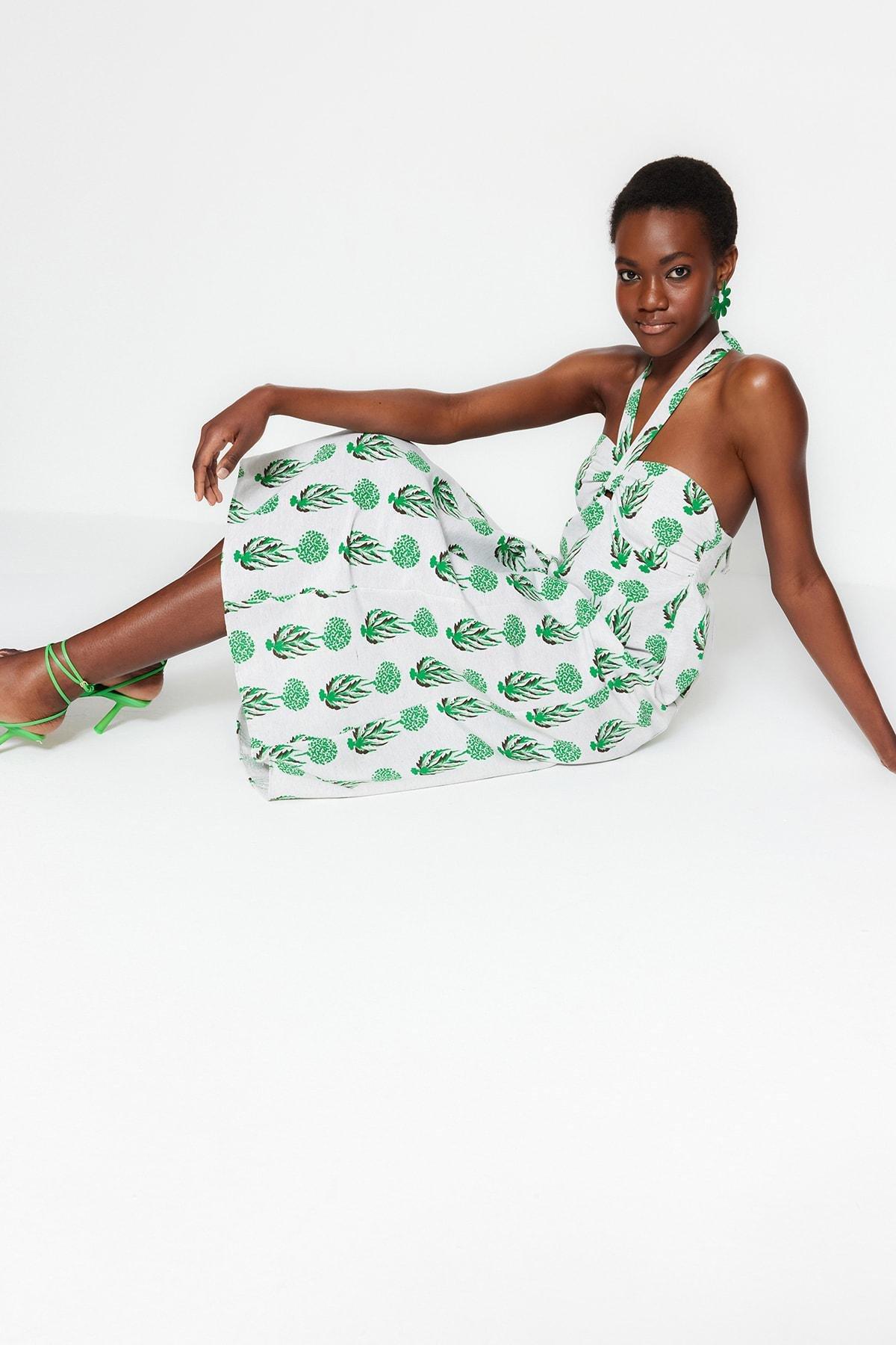 Green Floral Skater Dress, Green, large image number 1