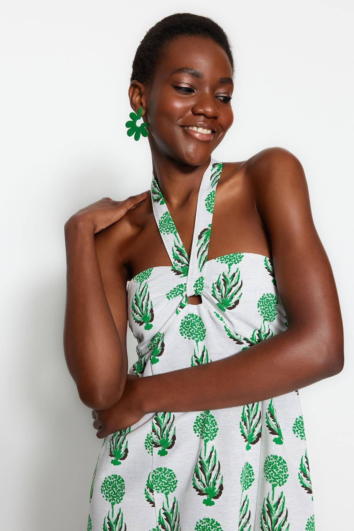 Green Floral Skater Dress, Green, large image number 3