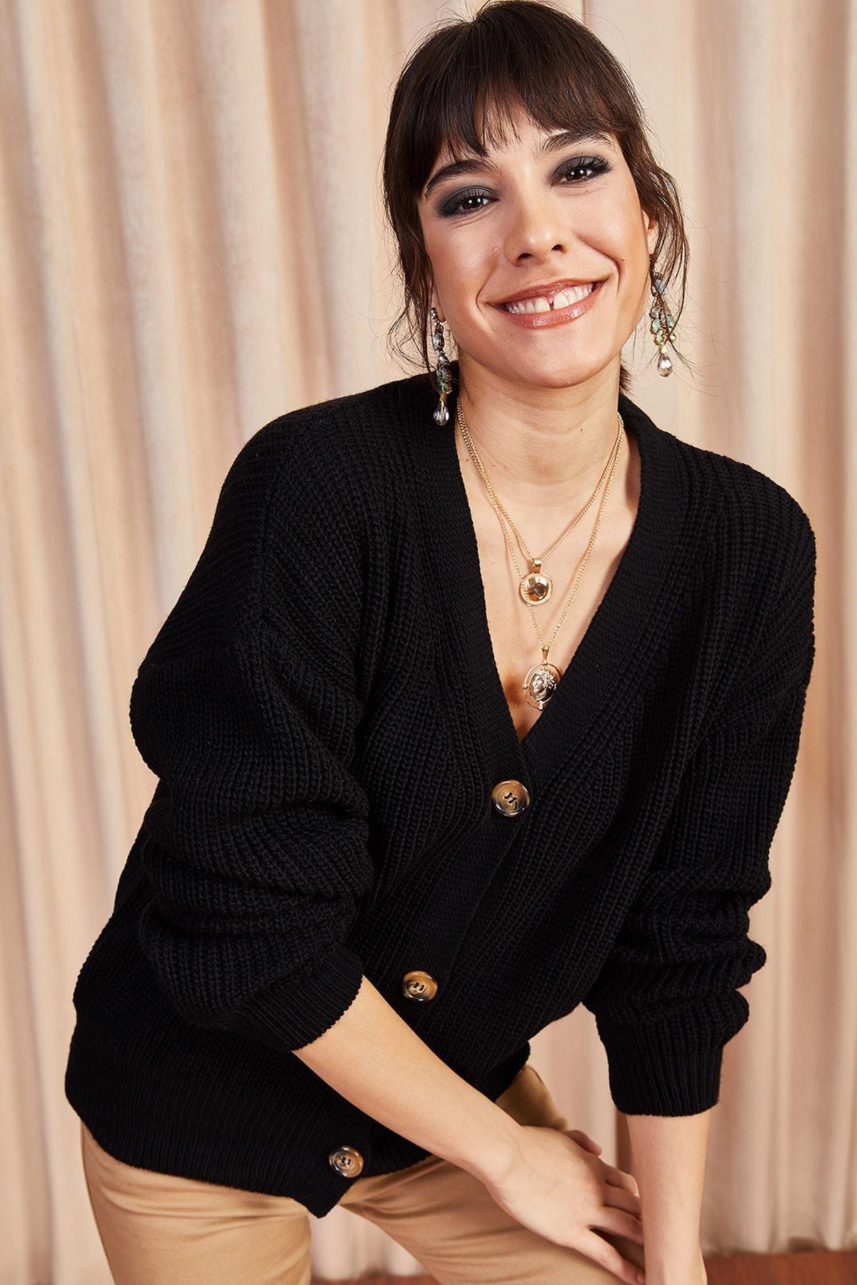 Black Buttoned Cardigan, BLACK, large image number 2