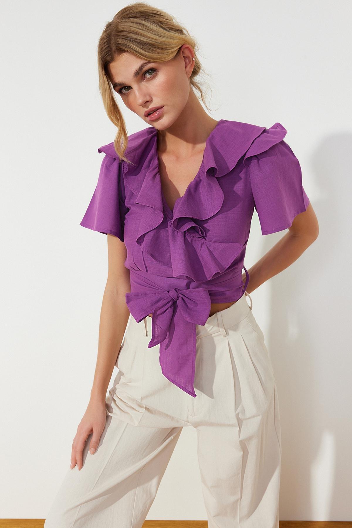 Purple Frill And Tie Detailed Woven Top, , large image number 0