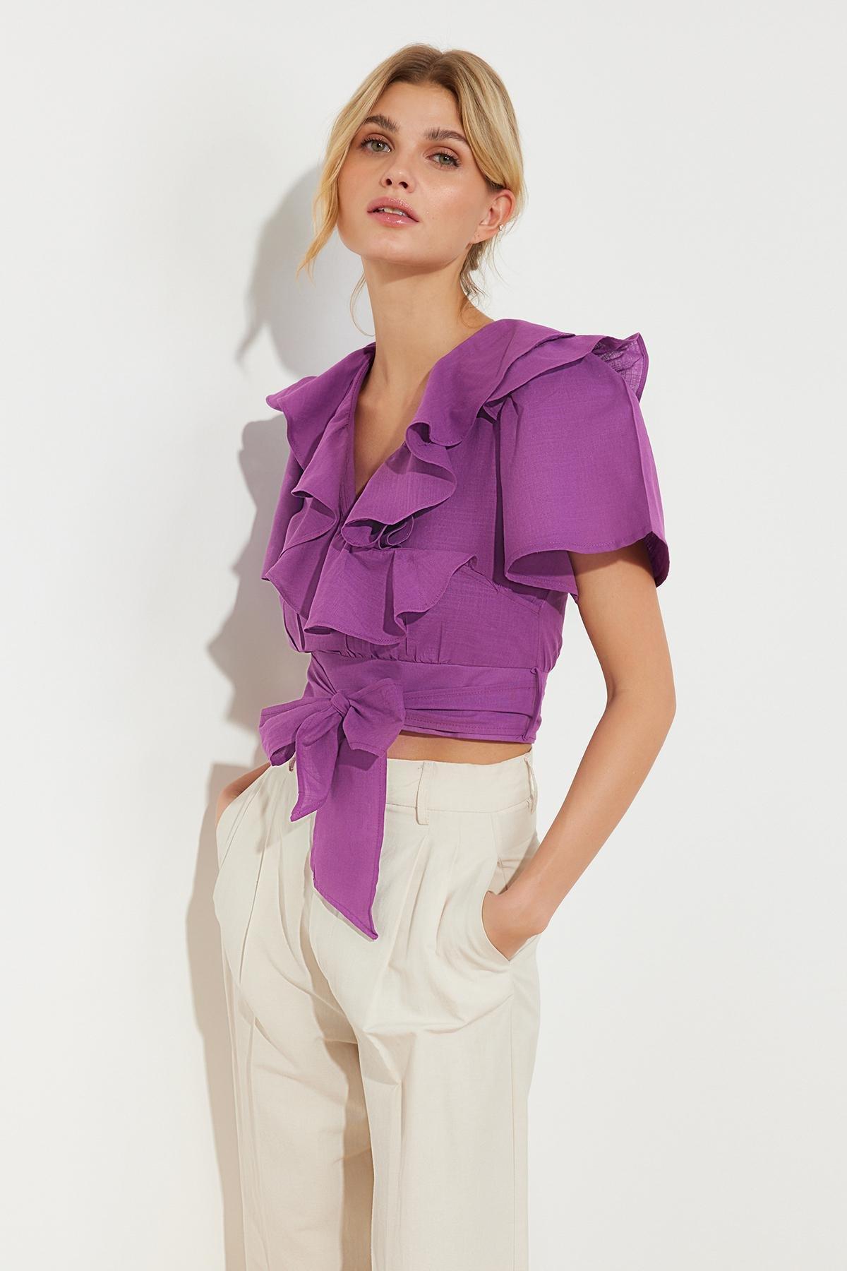 Purple Frill And Tie Detailed Woven Top, , large image number 1