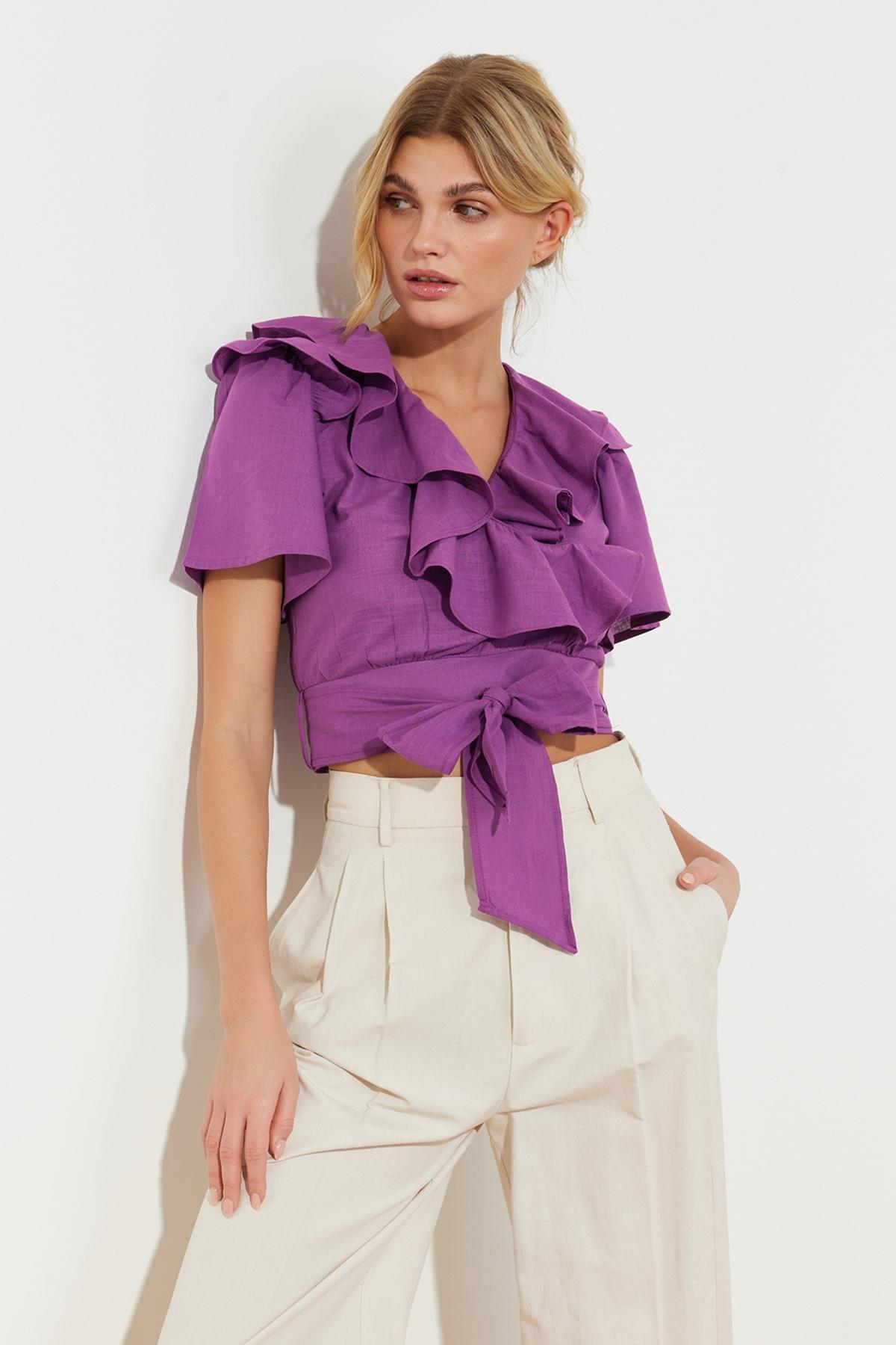 Purple Frill And Tie Detailed Woven Top, , large image number 2