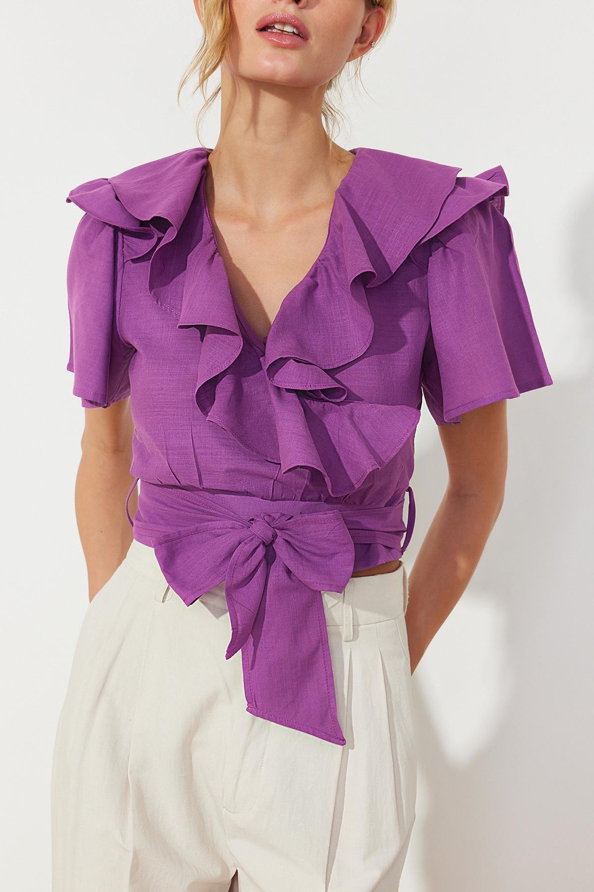 Purple Frill And Tie Detailed Woven Top, , large image number 3