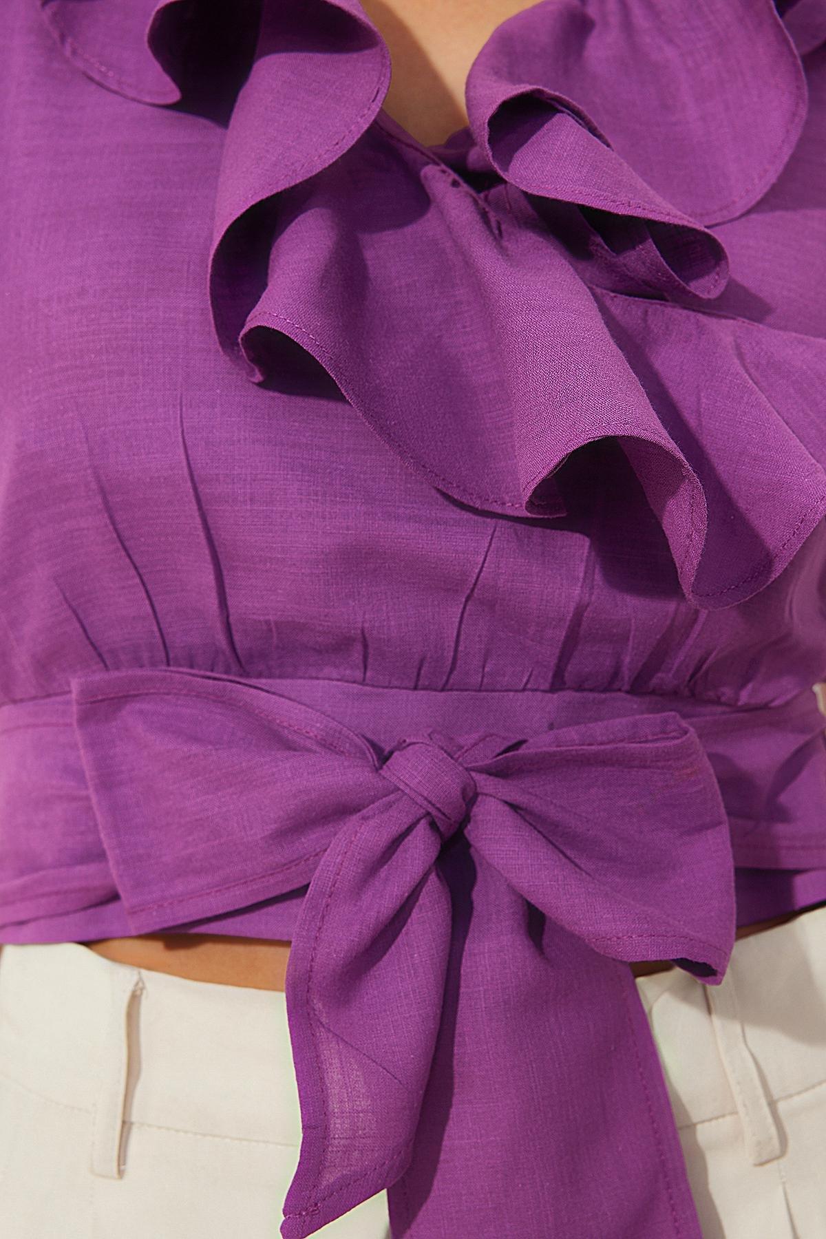 Purple Frill And Tie Detailed Woven Top, , large image number 4