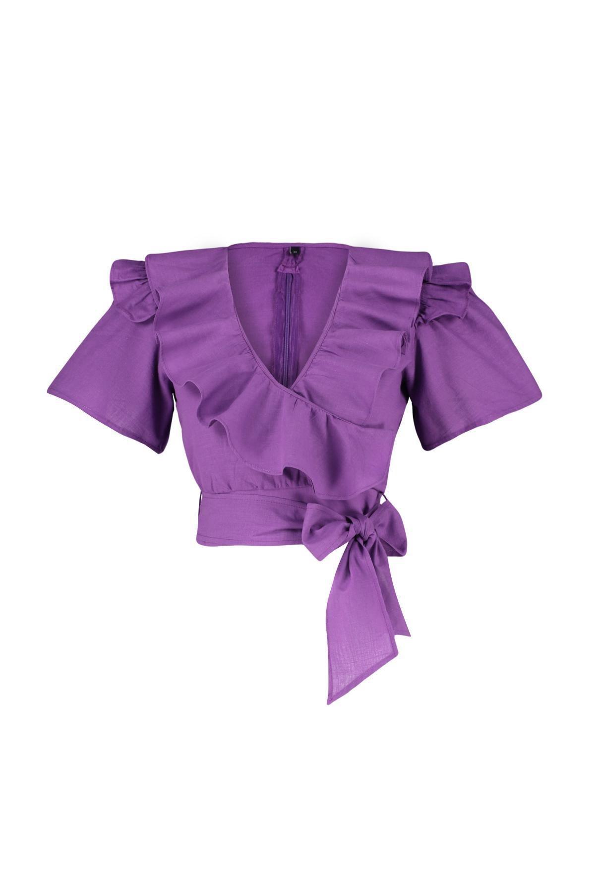 Purple Frill And Tie Detailed Woven Top, , large image number 5