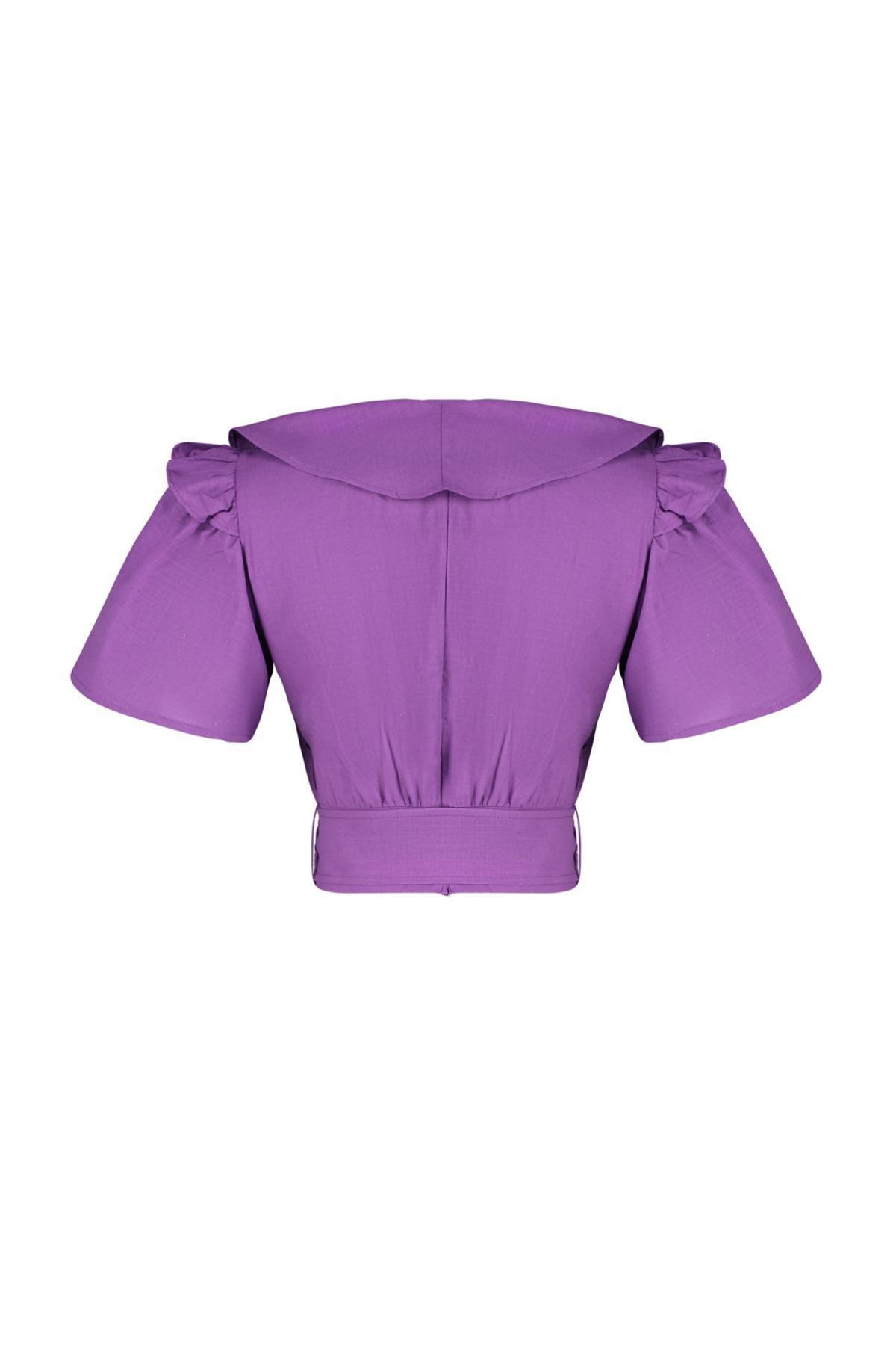 Purple Frill And Tie Detailed Woven Top, , large image number 6