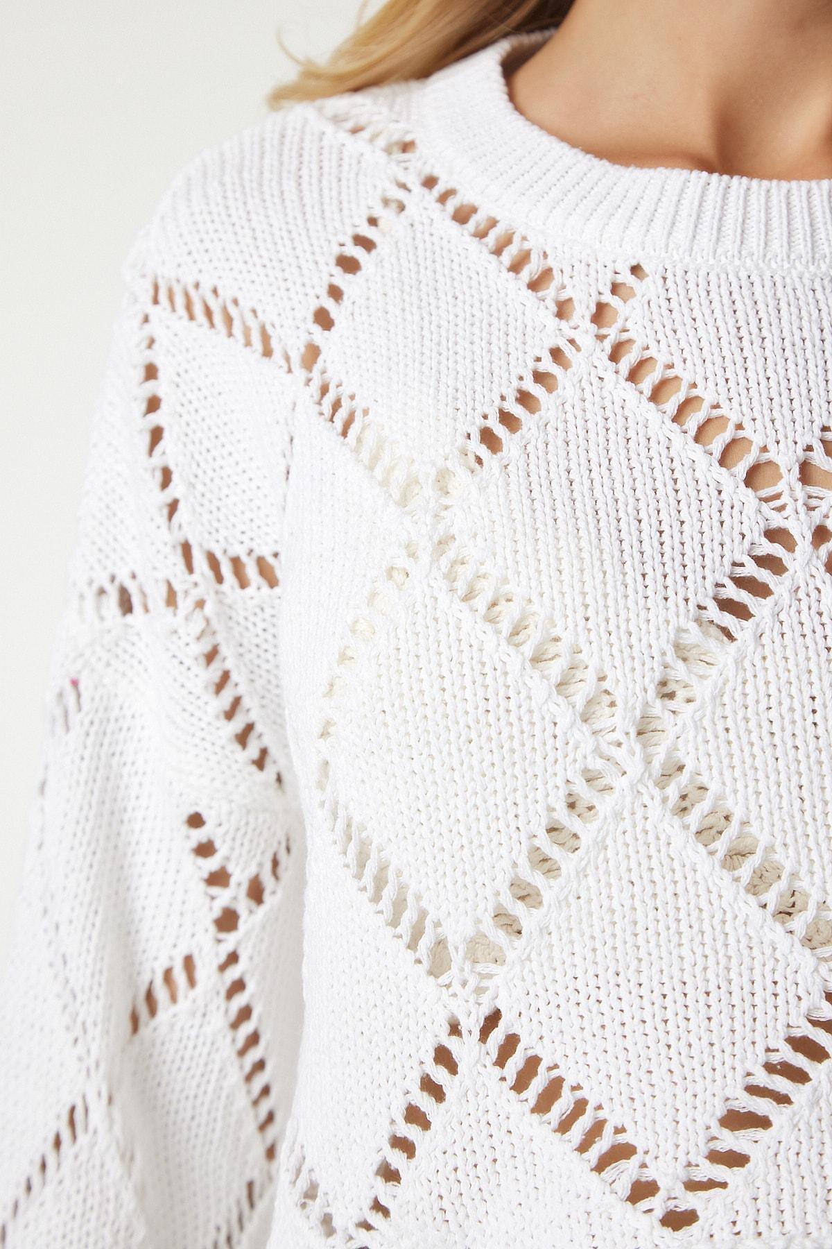 White Spanish Sleeve Openwork Crop Knitted Sweater, , large image number 2