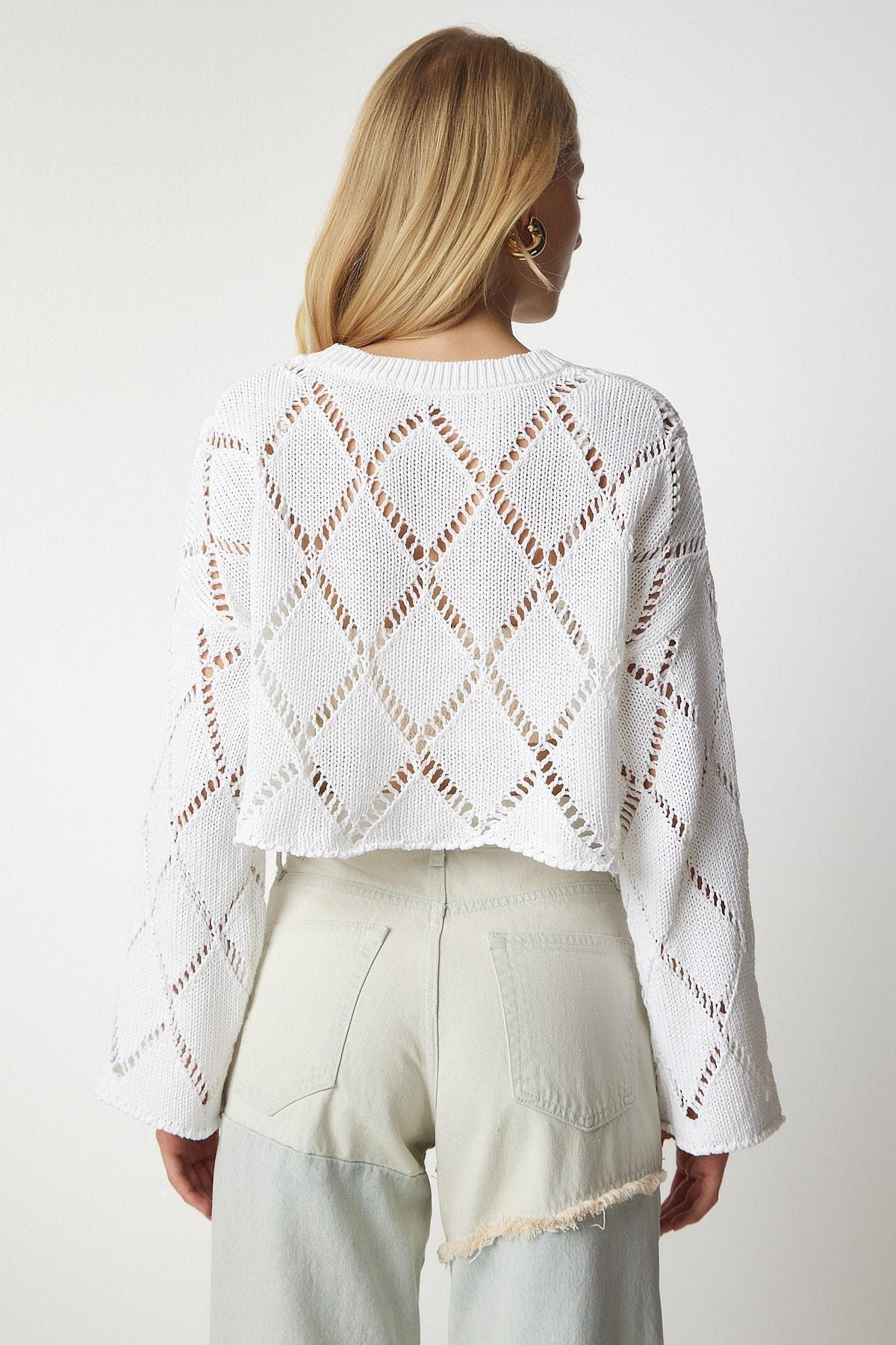 White Spanish Sleeve Openwork Crop Knitted Sweater, , large image number 3