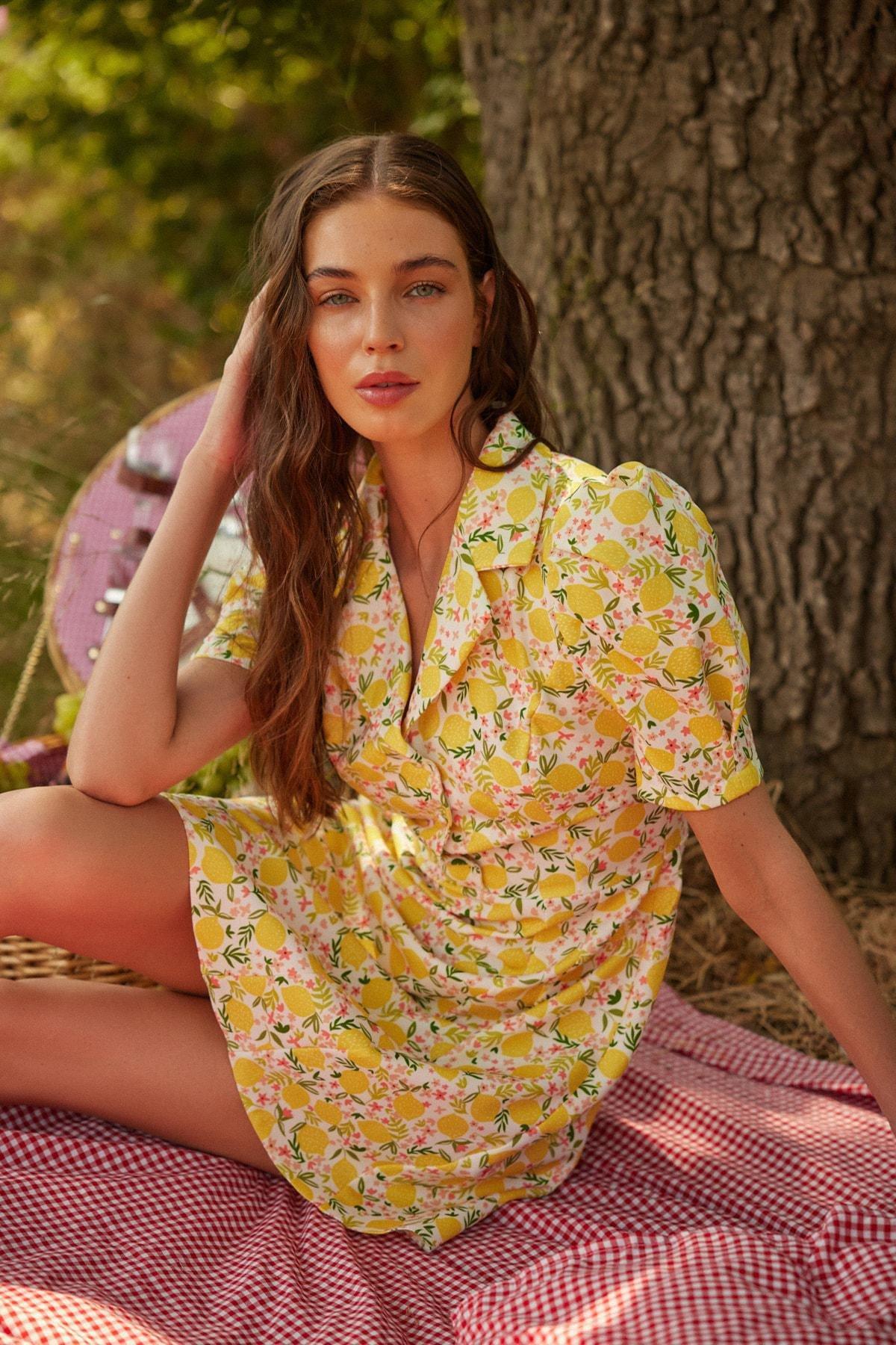 Yellow Floral Skater Dress, , large image number 1