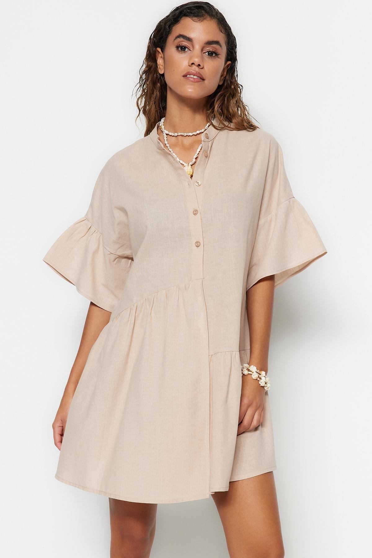 Beige Ruffle Sleeve Smock Dress, , large image number 0