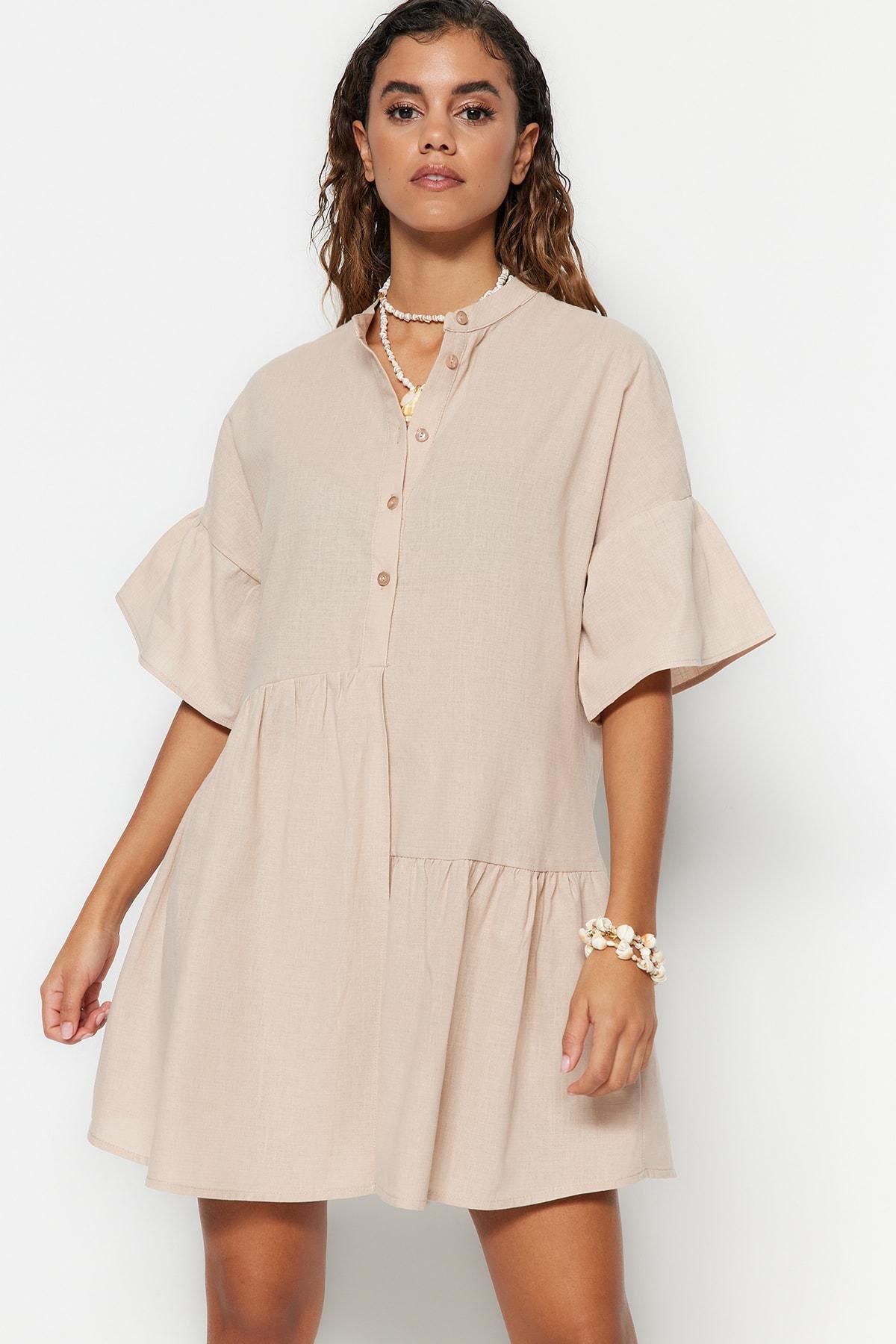 Beige Ruffle Sleeve Smock Dress, , large image number 1