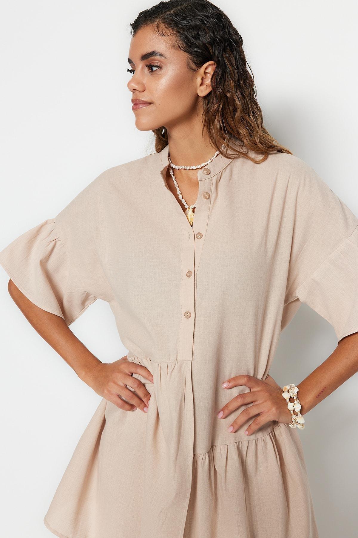 Beige Ruffle Sleeve Smock Dress, , large image number 2