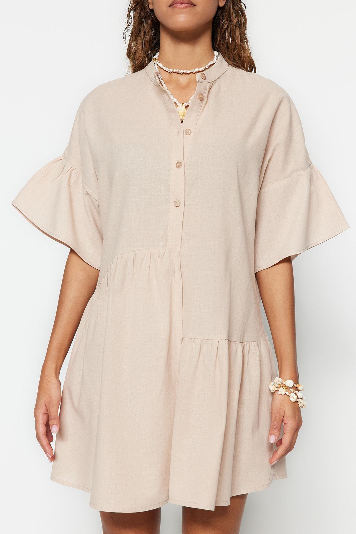 Beige Ruffle Sleeve Smock Dress, , large image number 3