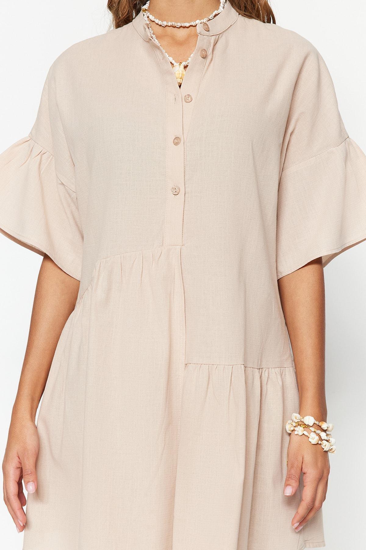 Beige Ruffle Sleeve Smock Dress, , large image number 4