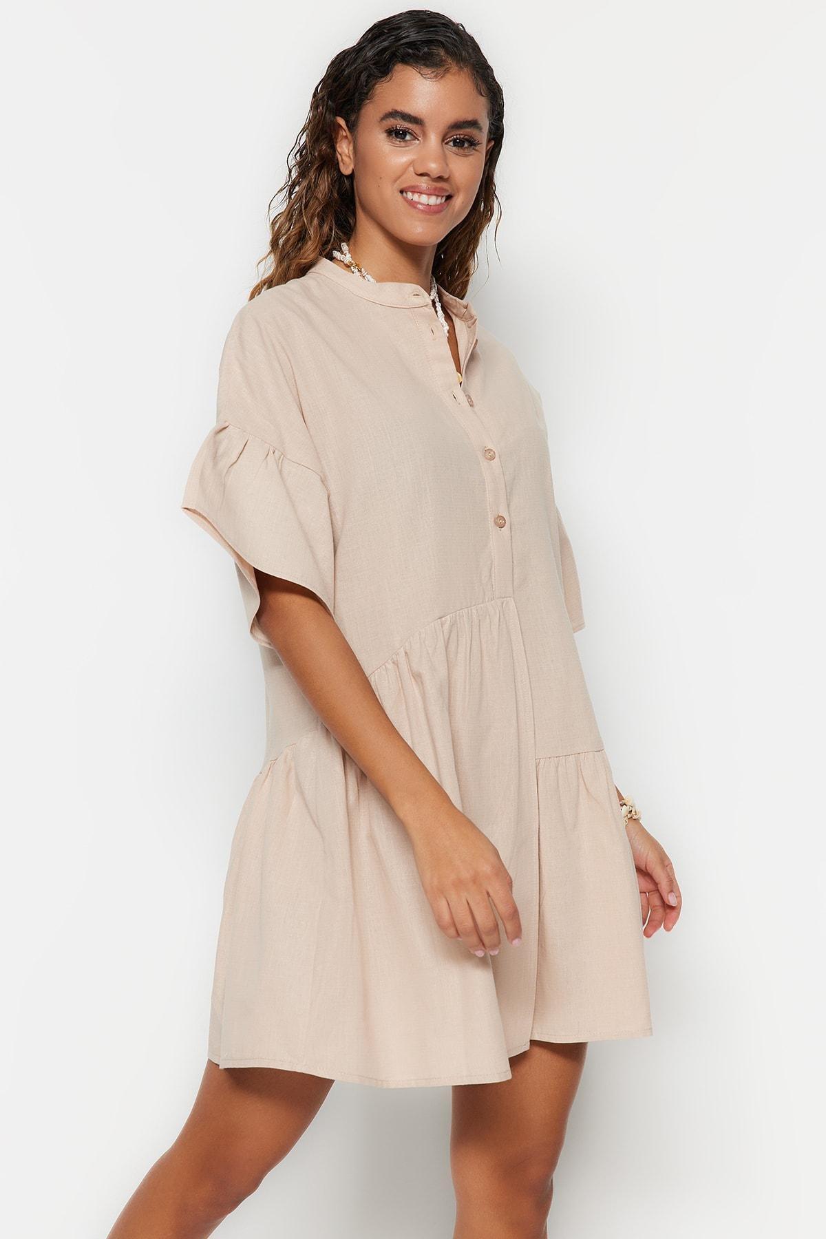 Beige Ruffle Sleeve Smock Dress, , large image number 6