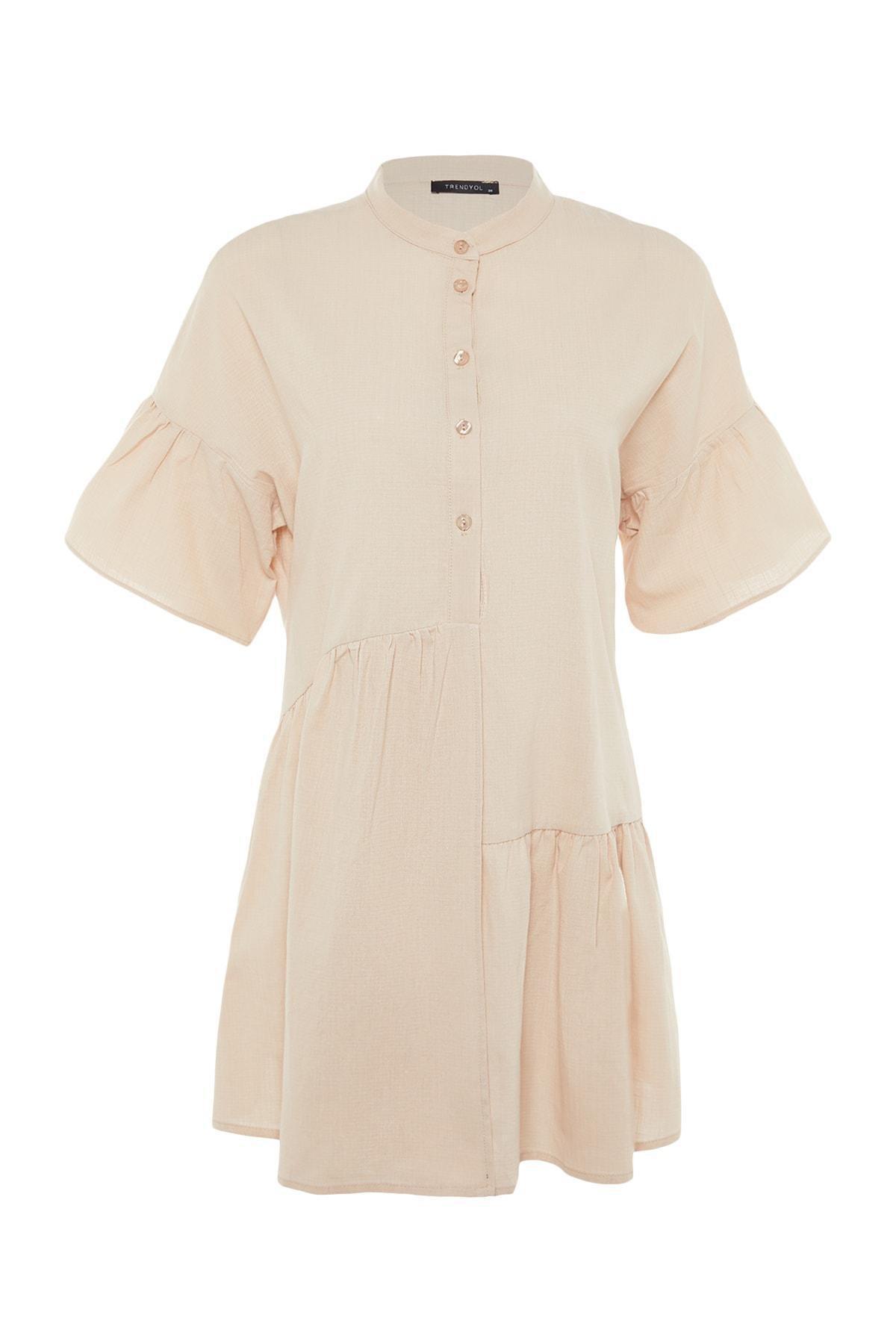 Beige Ruffle Sleeve Smock Dress, , large image number 7