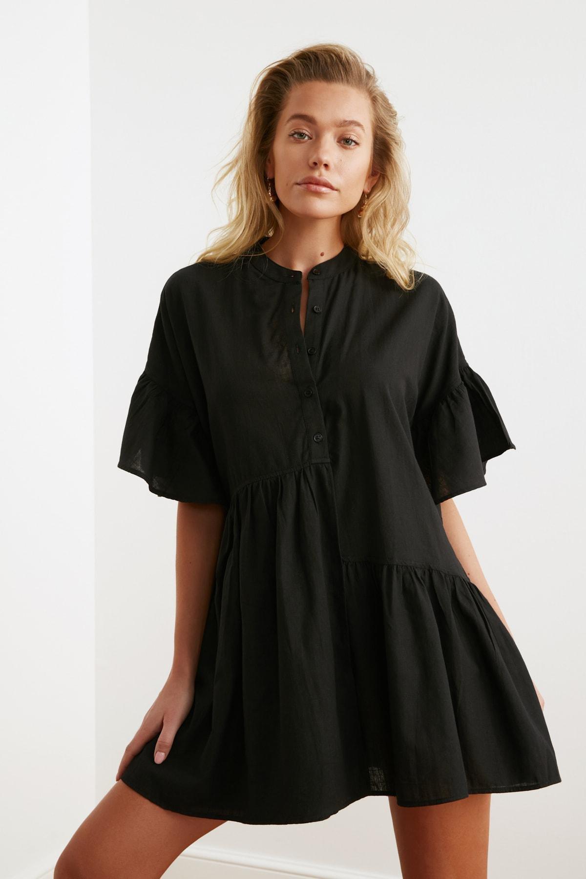 فستان بتفاصيل مزمومة، أسود, Black, large image number 0