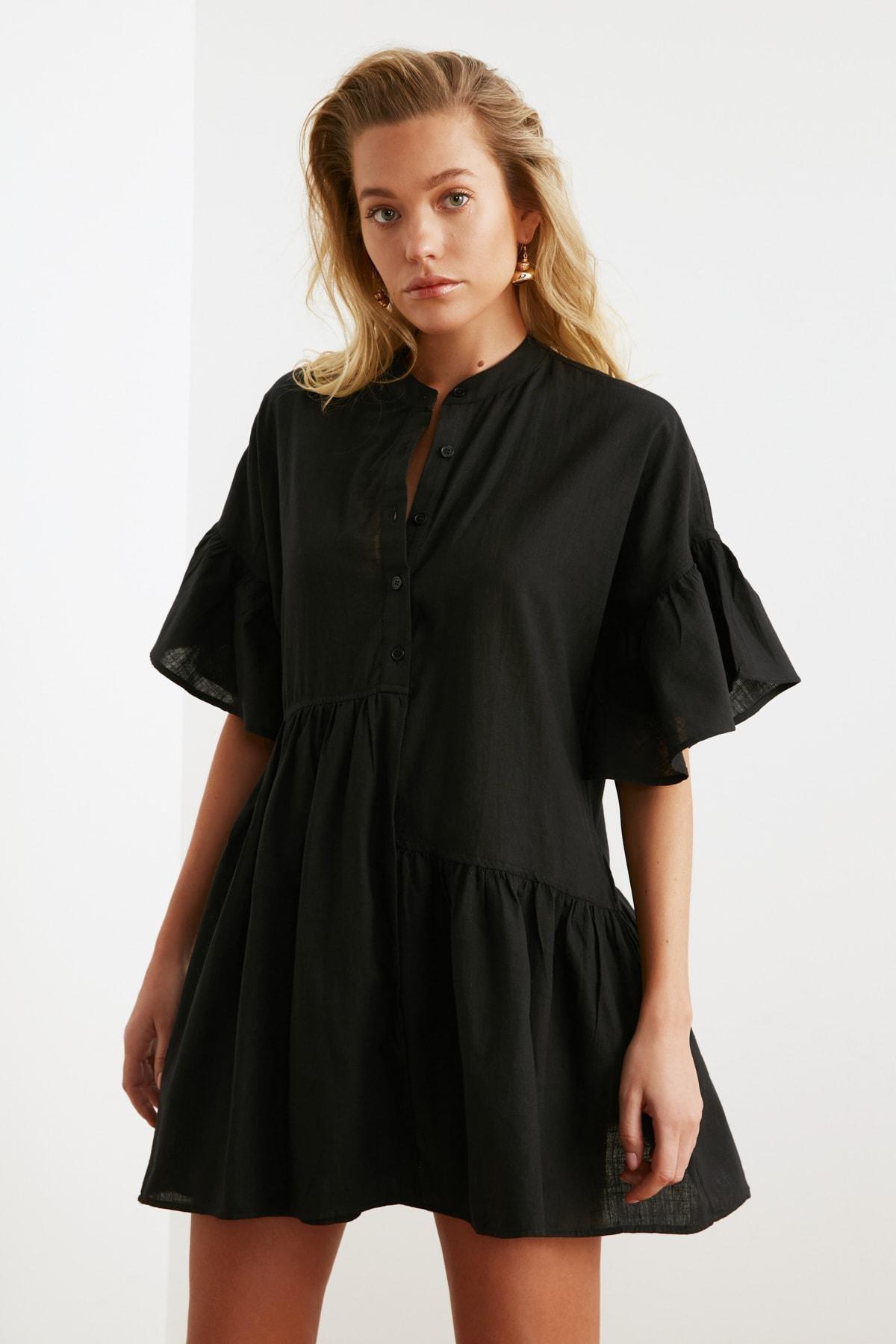 فستان بتفاصيل مزمومة، أسود, Black, large image number 2