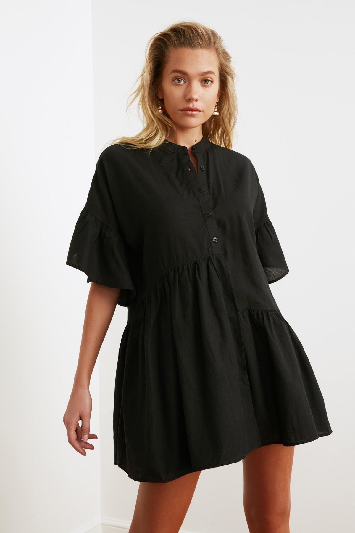 فستان بتفاصيل مزمومة، أسود, Black, large image number 4