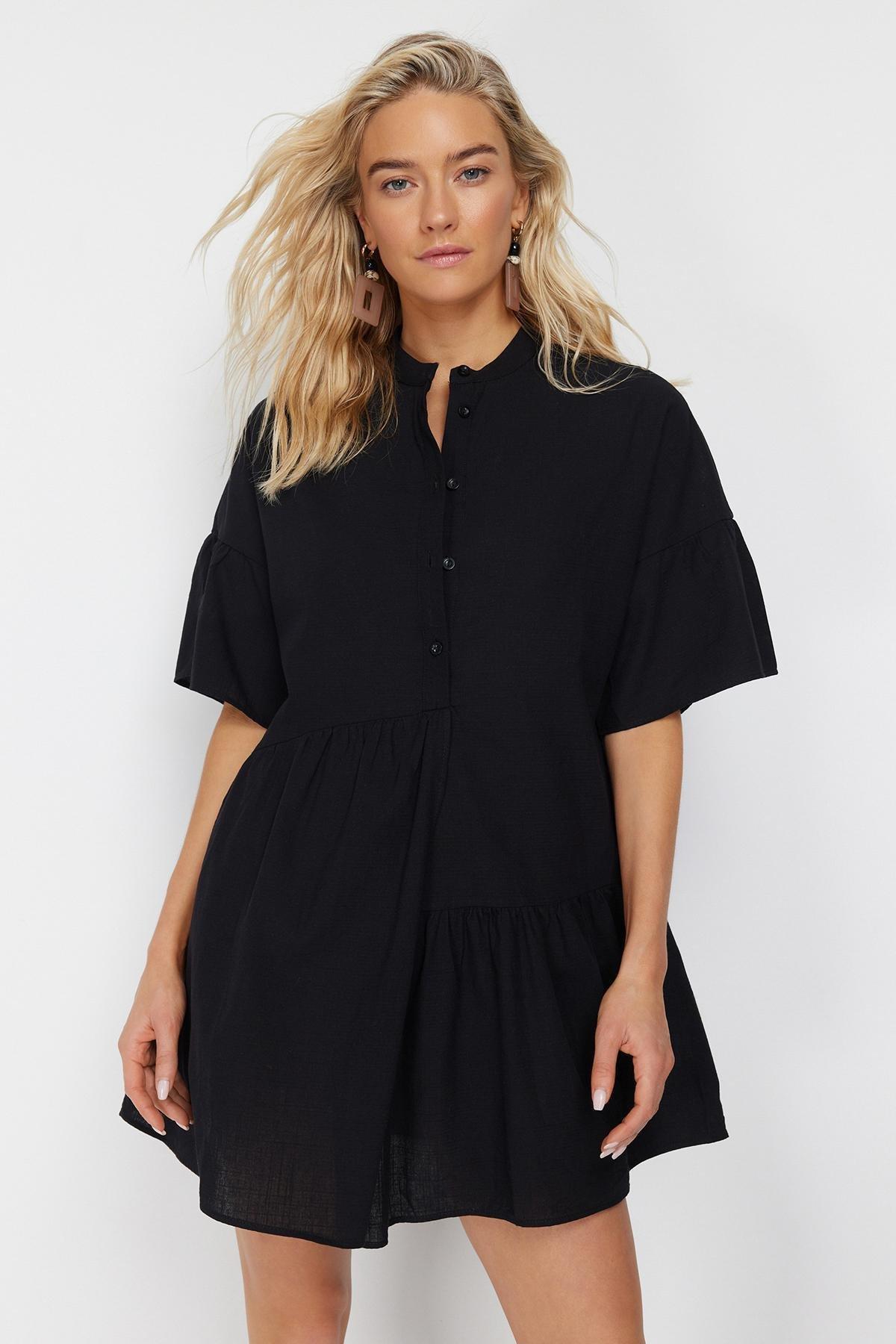 فستان بتفاصيل مزمومة، أسود, Black, large image number 5